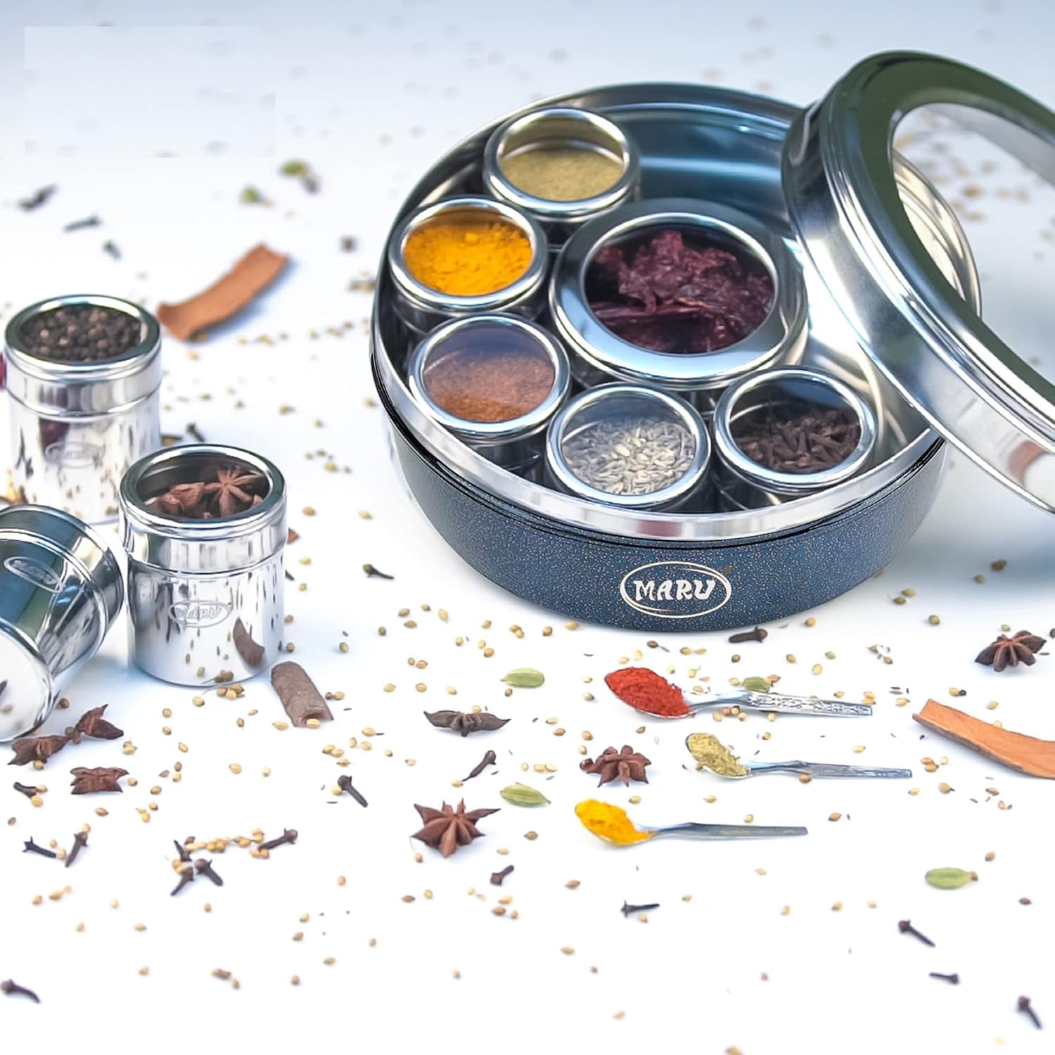 MARU 12 IN 1 Stainless Steel Indian Masala Box with See Through Lids, Elegant Spice box, Masala Dabba with 9 Spice Containers & 4 spoons for Kitchen Rack Organizer, Spice Storage Container for Kitchen