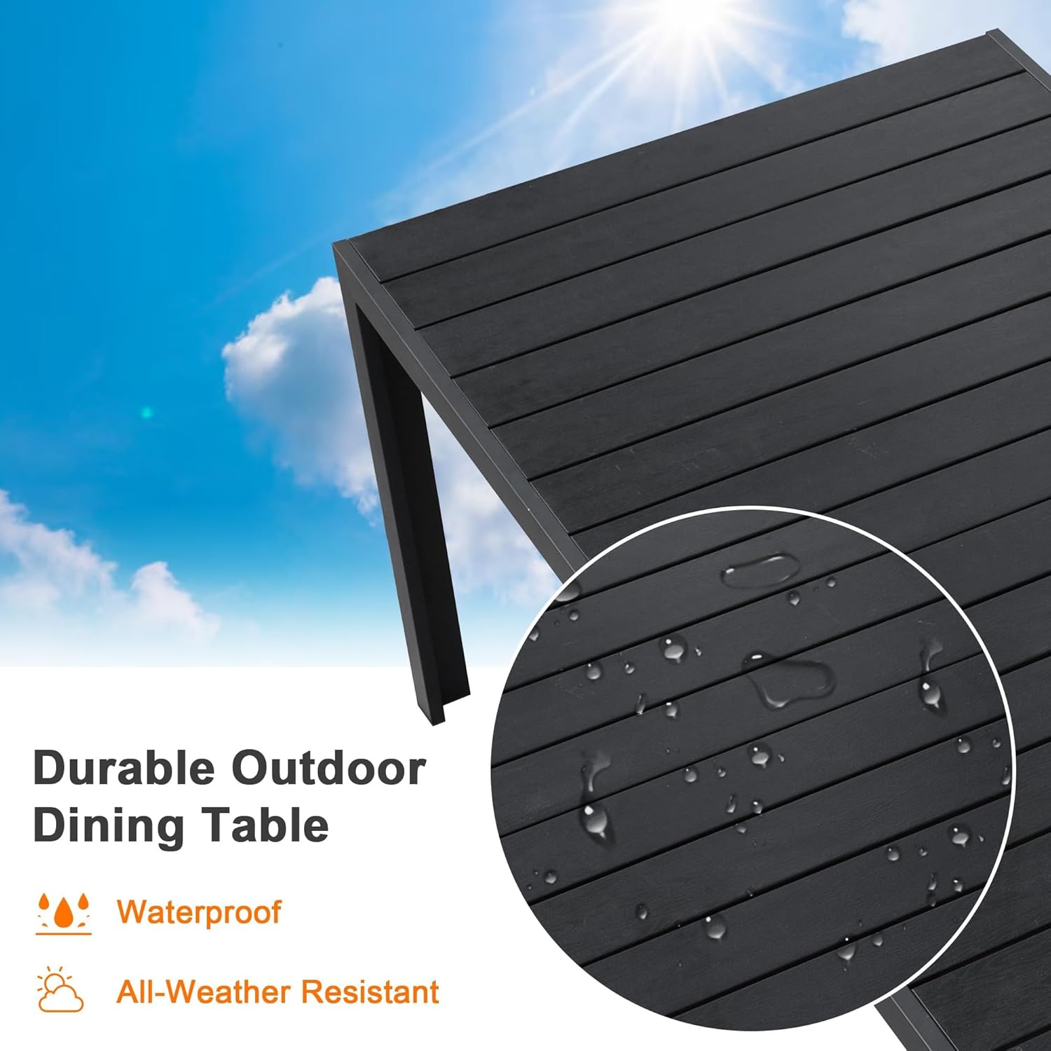 LUCKYERMORE Outdoor Dining Table for 6-8 Person, 71" Rectangular Patio Dining Table with Aluminum Frame, Black Table for Deck Garden Lawn Backyard Use