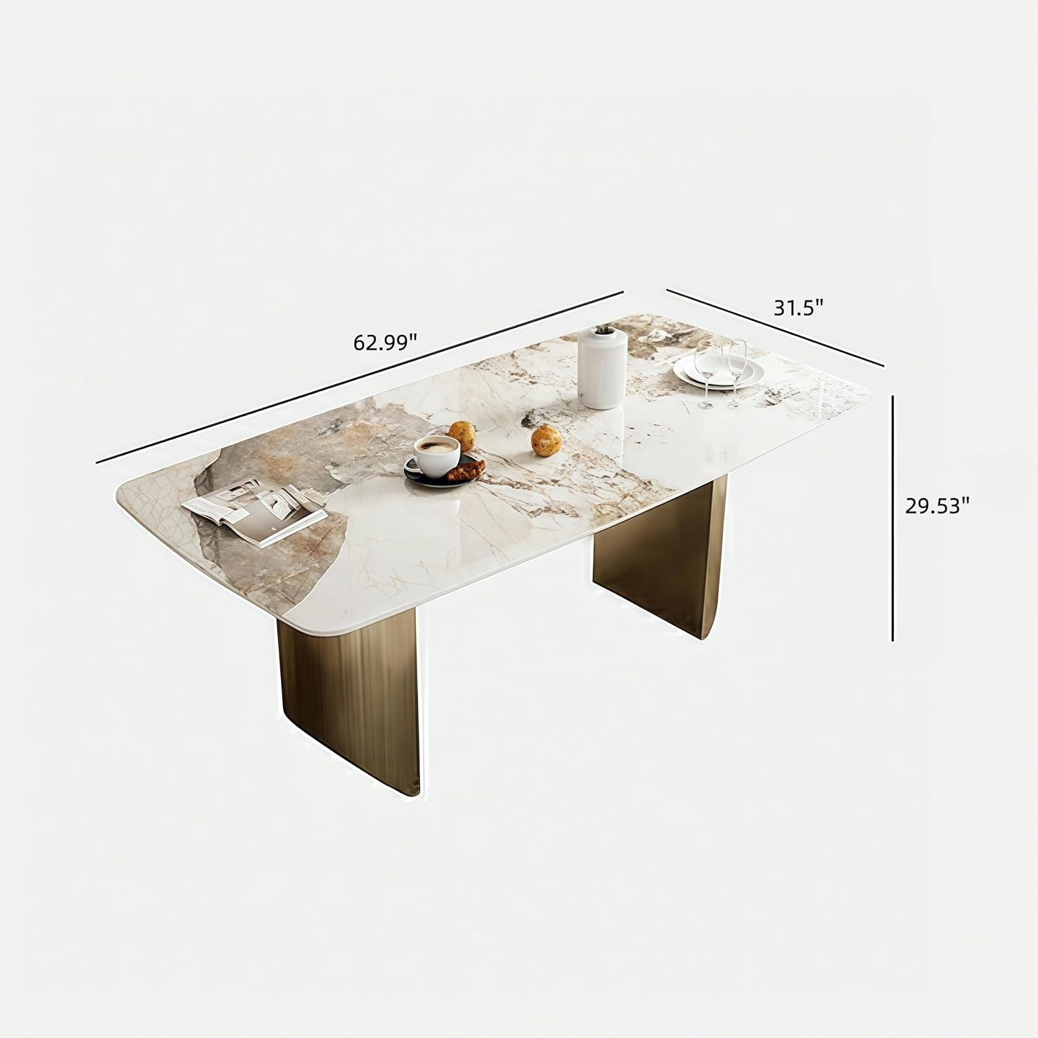 62.99" Rectangular Luxury Sintered Stone Dining Table for 4-6 People with 2 Gold Metal Sturdy Bases Modern Marble-Effect Centerpiece for Dining Room Living Room, White