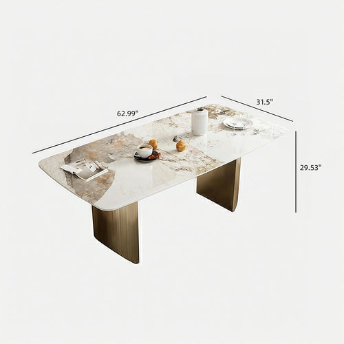 62.99" Rectangular Luxury Sintered Stone Dining Table for 4-6 People with 2 Gold Metal Sturdy Bases Modern Marble-Effect Centerpiece for Dining Room Living Room, White