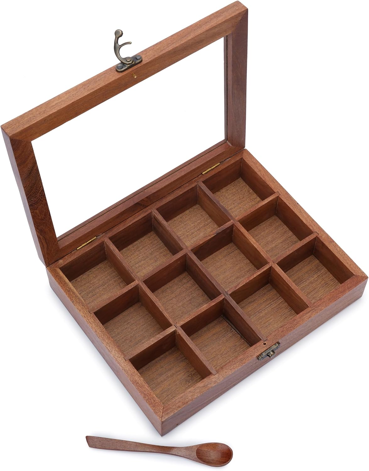 Ajuny Wooden Spice Box 10x8 Inch - Decorative Indian Masala Dabba Organizer with Glass Lid 12 Compartments & Spoon Spice Storage Container Ideal for Seasonings & Herbs Perfect for Gift