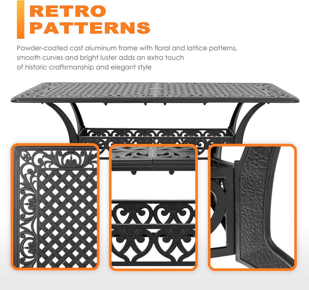 NUU GARDEN 60" Outdoor Dining Table with 2.09" Umbrella Hole, All Weather Cast Aluminum Outdoor Patio Table, 6-8 Person Rectangle Dining Table, Backyard Bistro Table for Garden, Poolside, Black