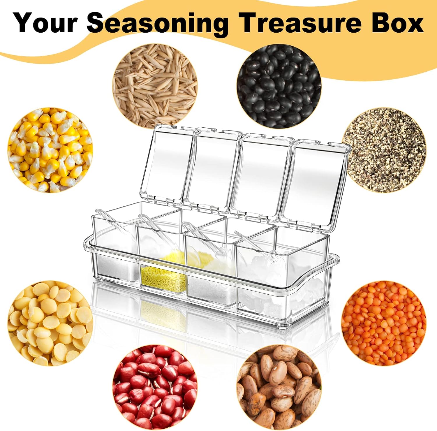 Bokon 4 Set Acrylic Clear Seasoning Box with Spoon, 16 Pcs Kitchen Seasoning Organizer Box Spice Pots Containers Condiment with Lids for Salt Candy Sugar Organizer, 10 x 4 x 3.3 Inch