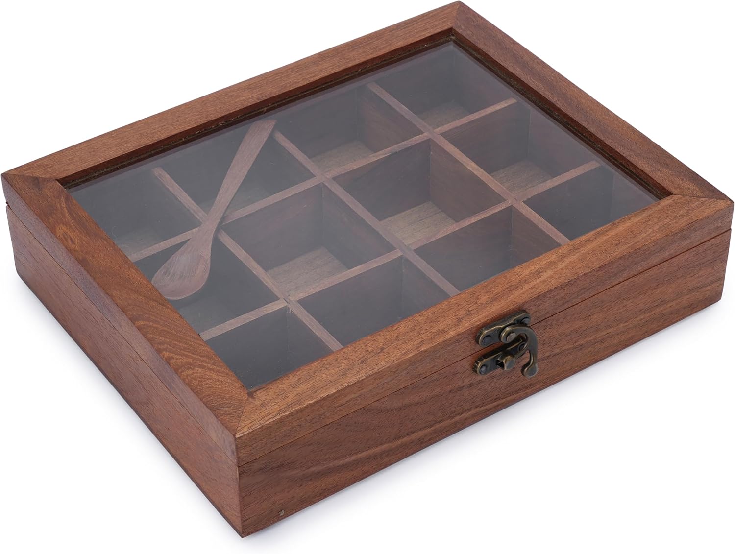 Ajuny Wooden Spice Box 10x8 Inch - Decorative Indian Masala Dabba Organizer with Glass Lid 12 Compartments & Spoon Spice Storage Container Ideal for Seasonings & Herbs Perfect for Gift