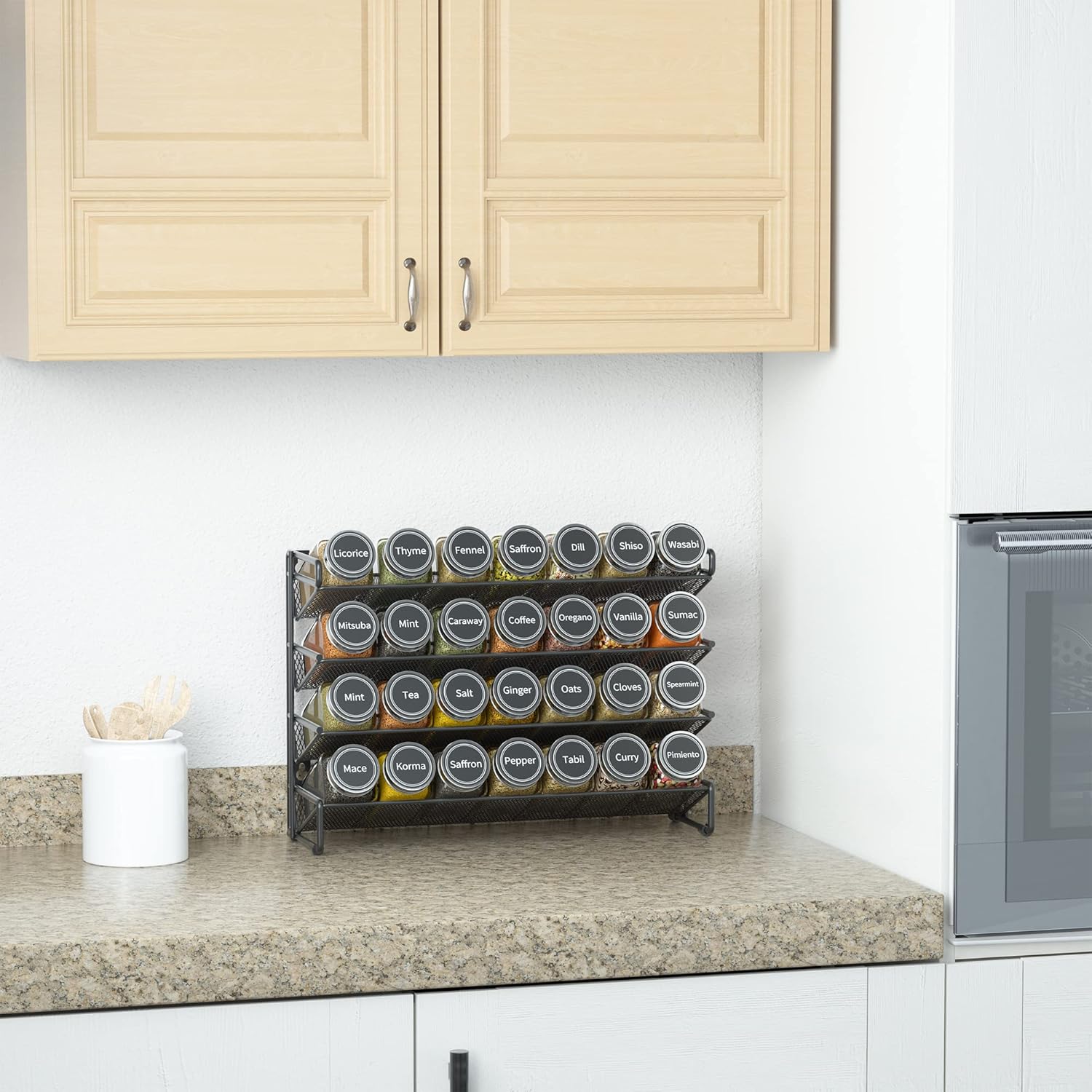 SpaceAid Spice Rack Organizer with 28 Spice Jars, 386 Spice Labels, Chalk Marker and Funnel Set for Cabinet, Countertop, Pantry, Cupboard or Door & Wall Mount - 28 Jars, 13.4" W × 10.8" H, Black