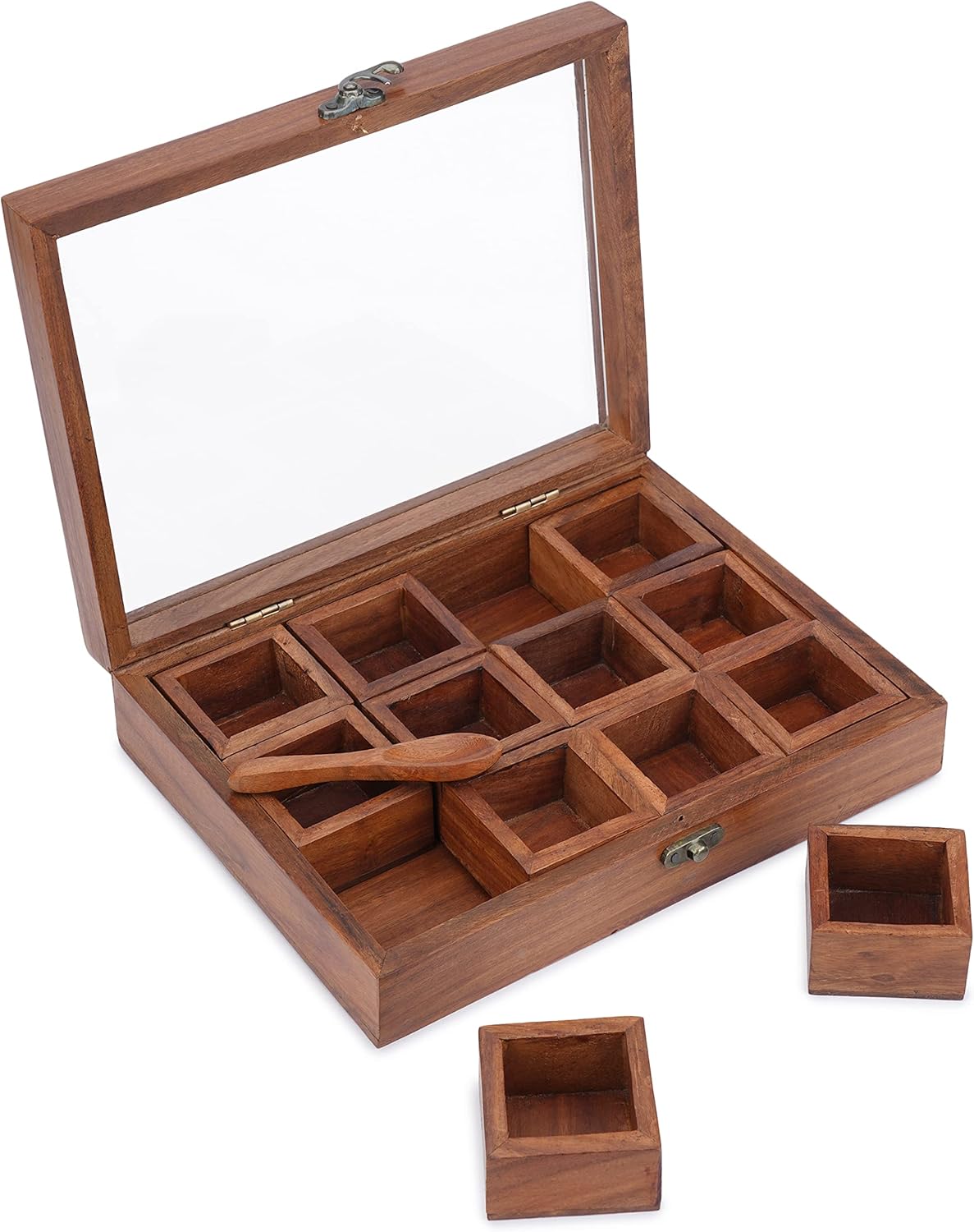 Ajuny Wooden Spice Box - Masala Dabba Organizer with Glass Lid on Top, 12 Removable Compartments and 1 Designer Spoon Spice Storage Container, Ideal for Seasonings & Herbs Best Gifts