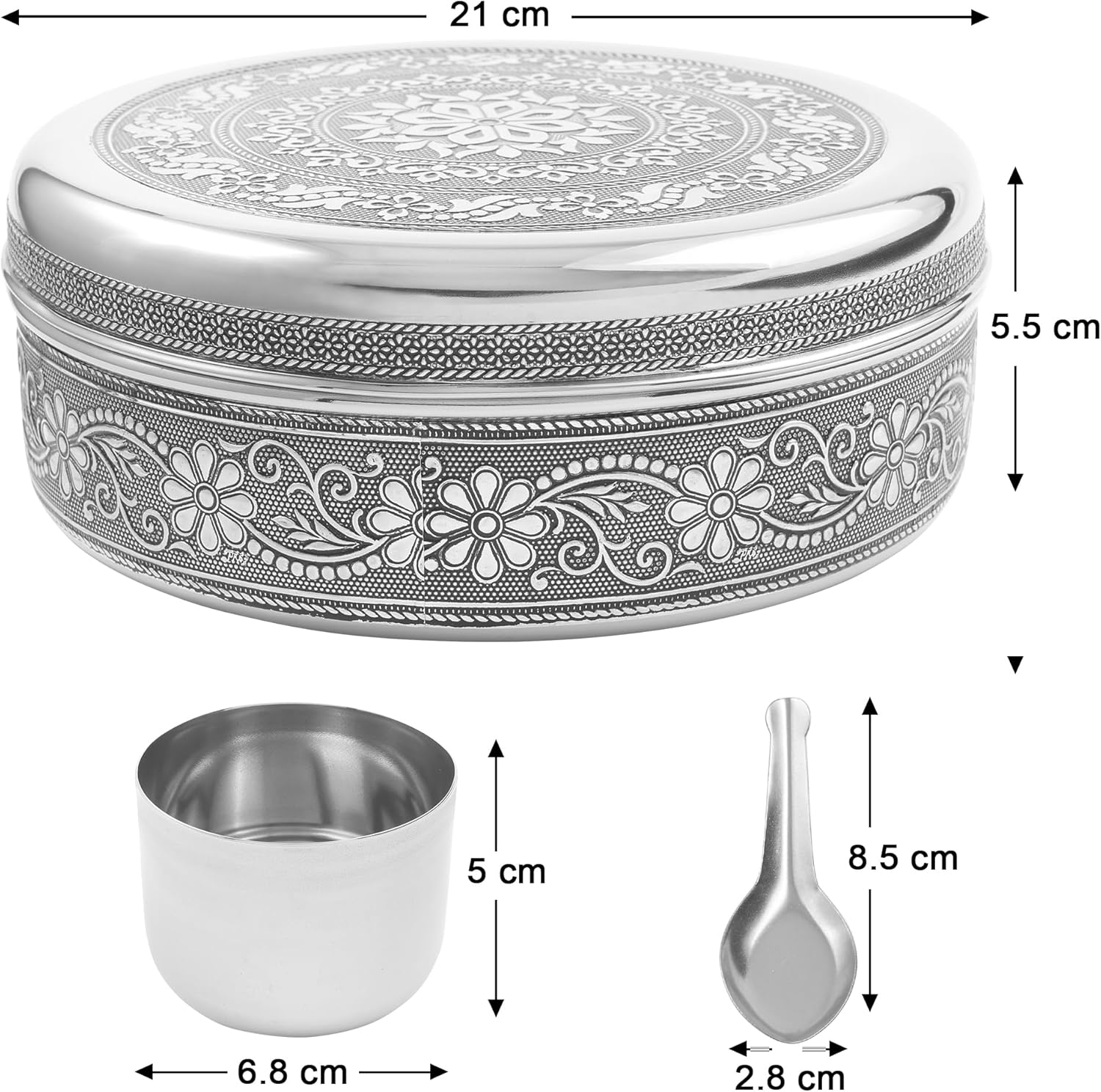 KSJONE Designer Spice Container Masala Dabba, 7 Spice Jars, Holds 7 Spices, Spice Container Box, Polished Stainless Steel with 7 Serving Spoons, Indian Masala Dabba with Lid, 8 Inch