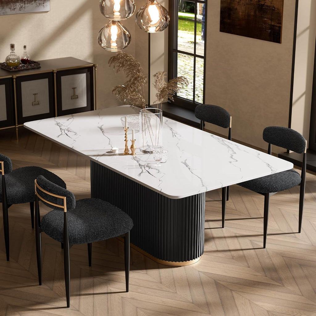 Morden Fort Marble Dining Table for 6, 70" Modern Dining Table with Black Fluted Base and White Faux Marble Top, Kitchen Table with Gold Trim for Ktichen, Reception and Conference