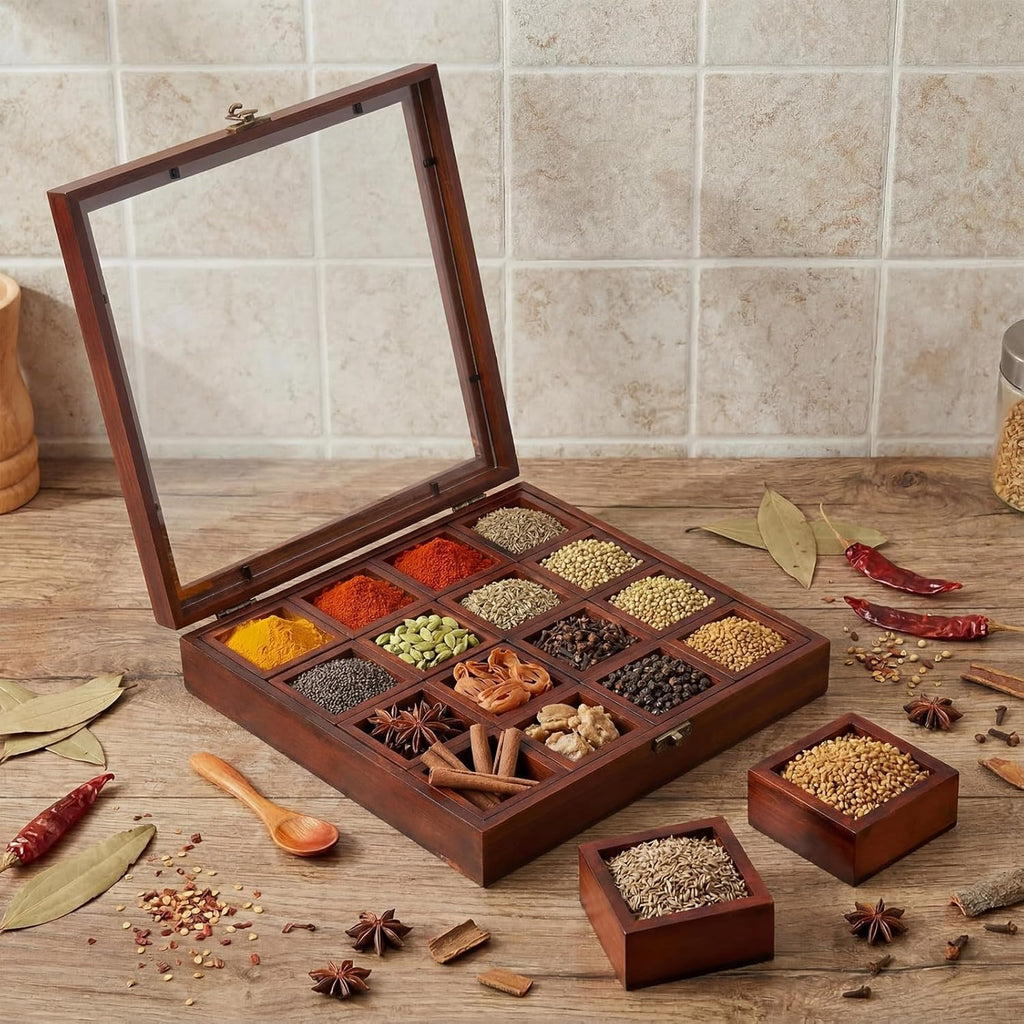 AceOrbit Wooden Spice Box with Wooden Spoon, Decorative Masala Dabba Organizer with Glass Lid, Indian Spice Storage Container, Ideal for Seasonings & Herbs(Square,12 x 12 Inch)