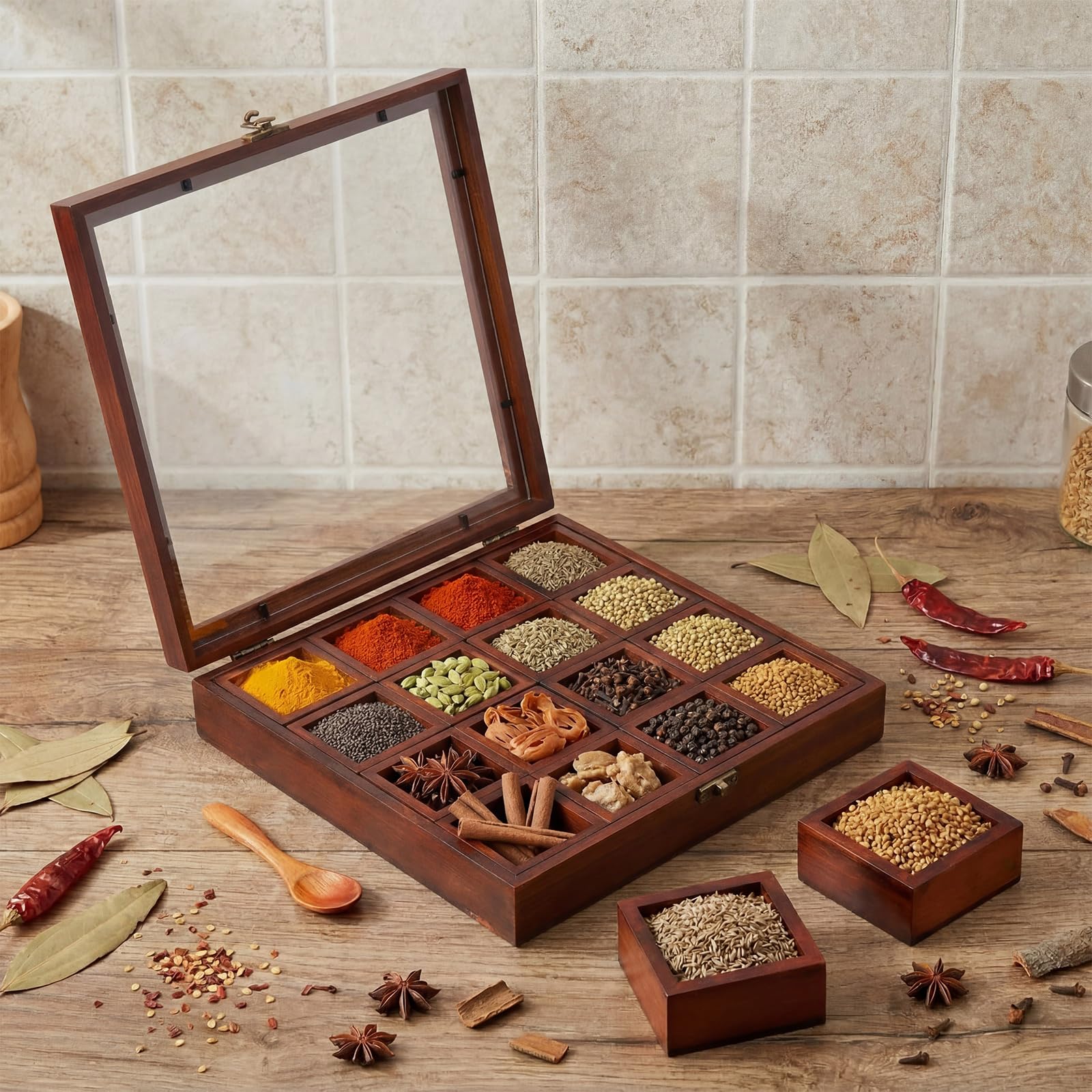 AceOrbit Wooden Spice Box with Wooden Spoon, Decorative Masala Dabba Organizer with Glass Lid, Indian Spice Storage Container, Ideal for Seasonings & Herbs(Square,12 x 12 Inch)