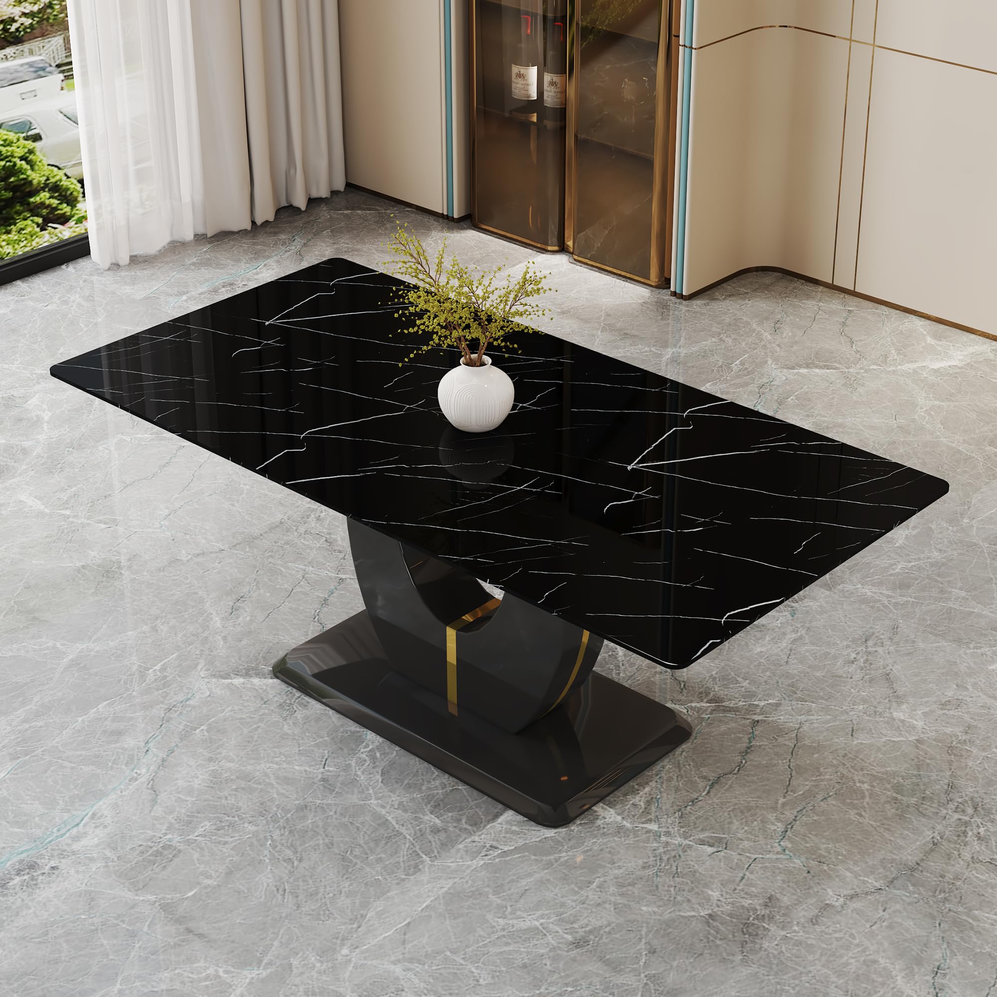 Modern Faux Marble Dining Table, 63" Rectangular Kitchen Table with U-Shaped Base,Luxury Dining Room Table for Home, Apartment, Easy Assembly