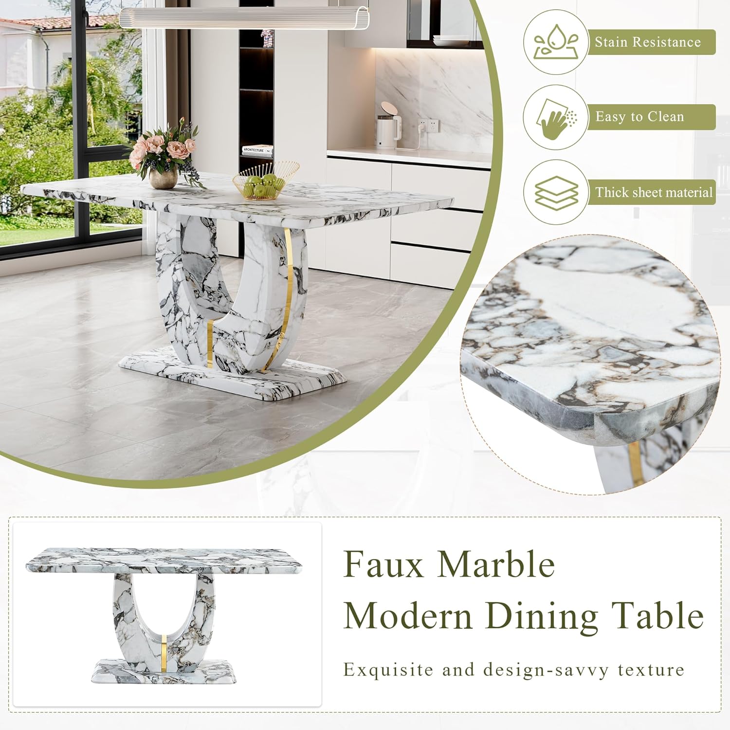 Modern Faux Marble Dining Table, 63" Rectangular Kitchen Table with U-Shaped Base,Luxury Dining Room Table for Home, Apartment, Easy Assembly