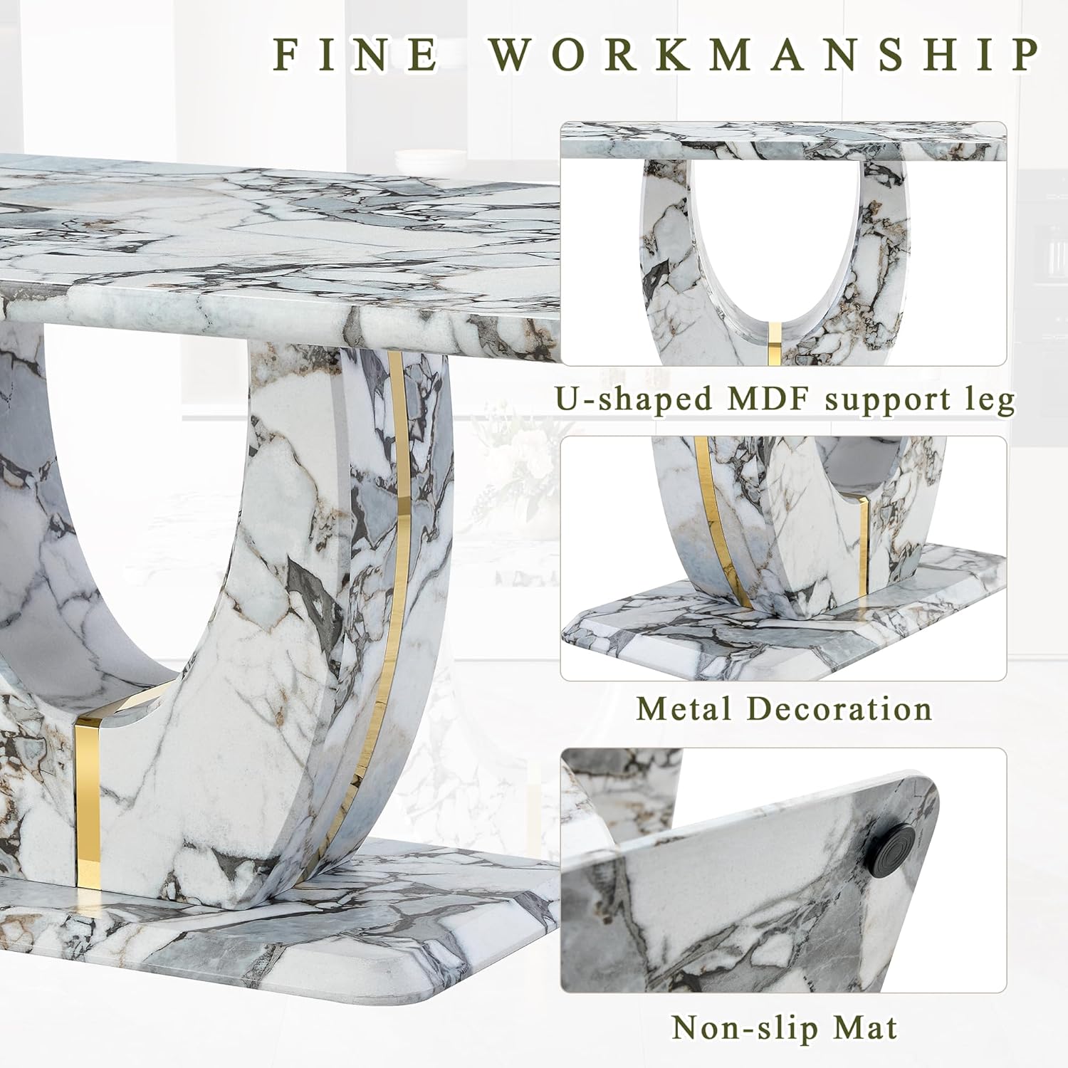 Modern Faux Marble Dining Table, 63" Rectangular Kitchen Table with U-Shaped Base,Luxury Dining Room Table for Home, Apartment, Easy Assembly