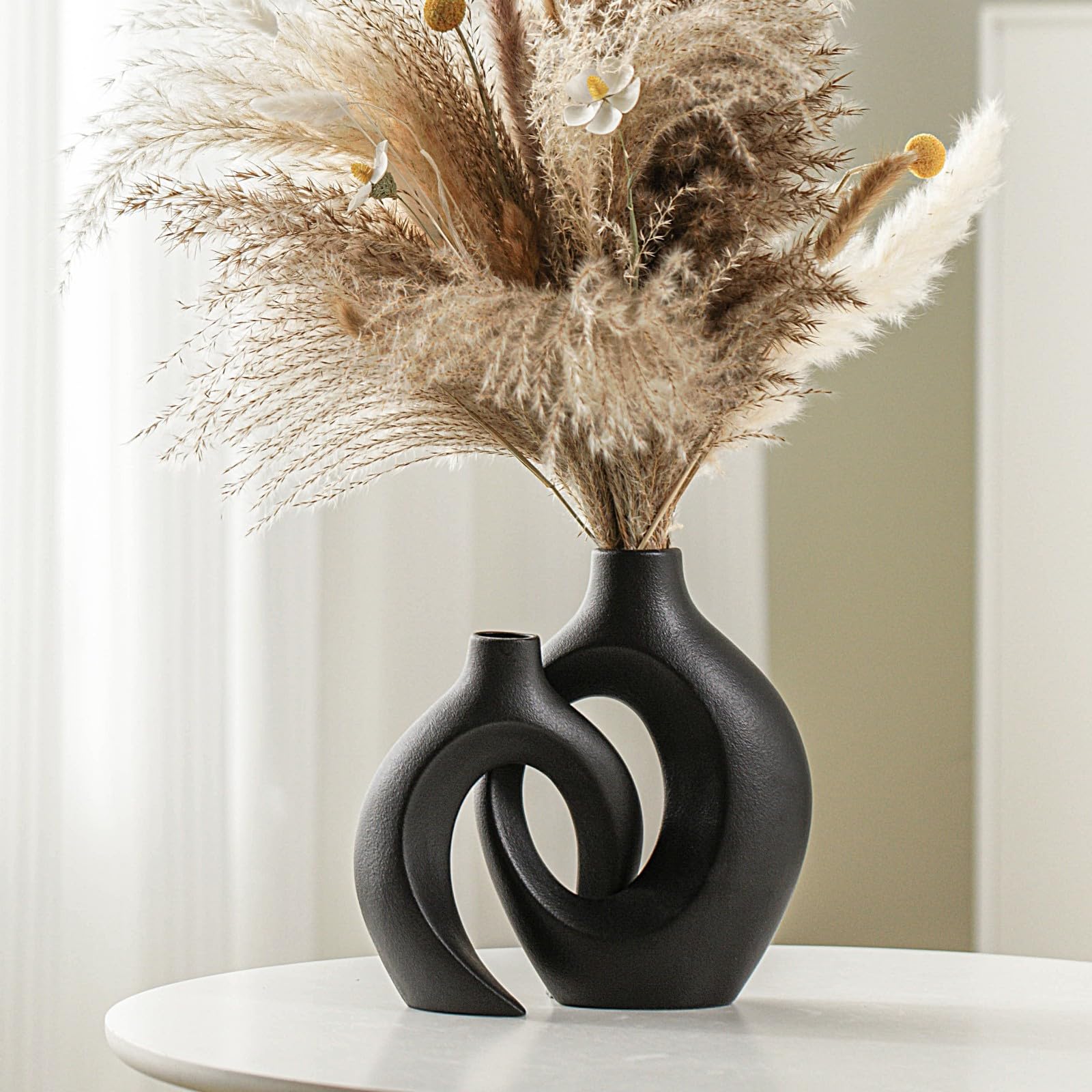 Lvases Snuggle Hollow Ceramic Vase Set of 2, Nordic Modern Boho ins Style Decorative Ceramic Aesthetic Flower Vase for Home Decor (Milky White W 6.3" X H 8.4")