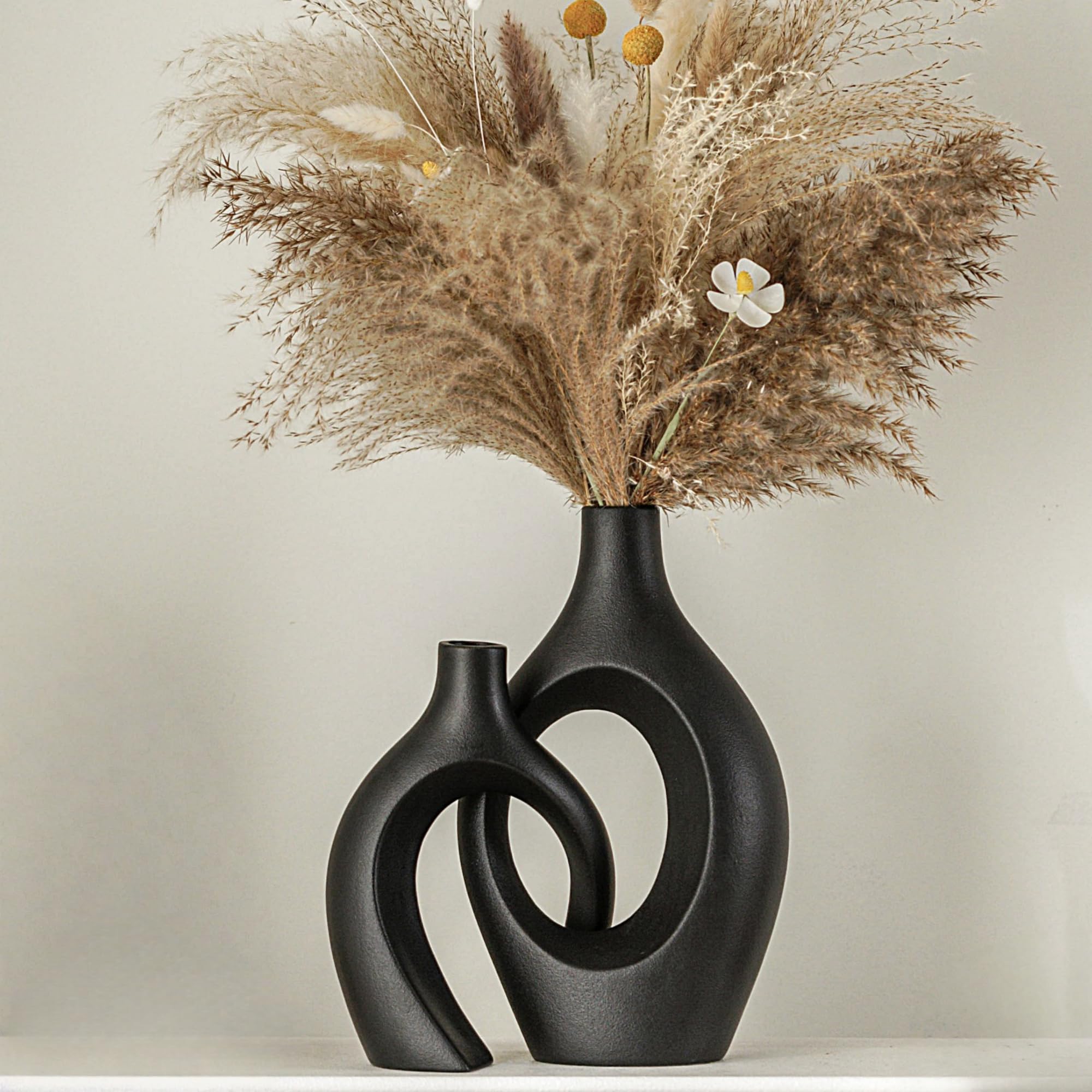 Lvases Snuggle Hollow Ceramic Vase Set of 2, Nordic Modern Boho ins Style Decorative Ceramic Aesthetic Flower Vase for Home Decor (Milky White W 6.3" X H 8.4")