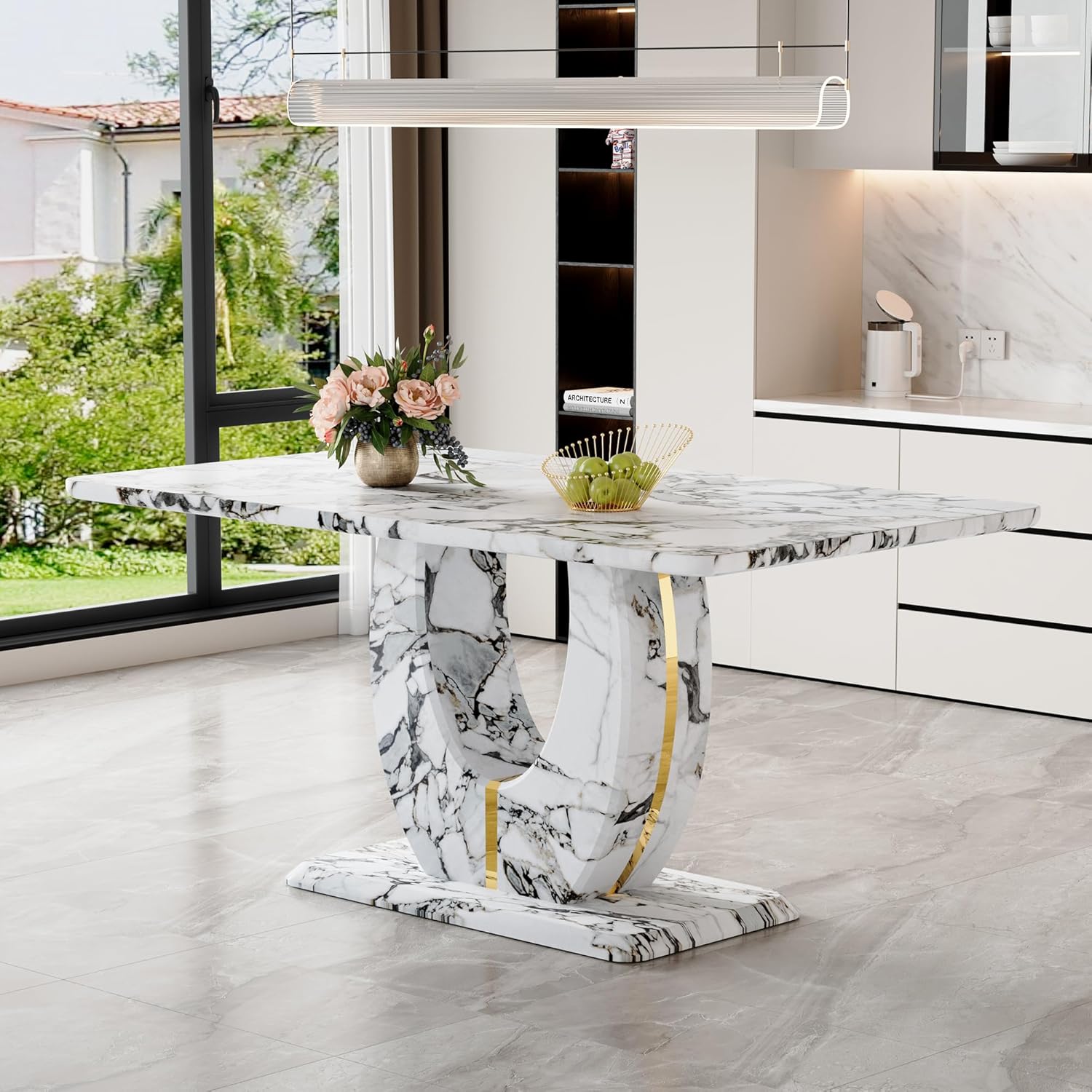 Modern Faux Marble Dining Table, 63" Rectangular Kitchen Table with U-Shaped Base,Luxury Dining Room Table for Home, Apartment, Easy Assembly