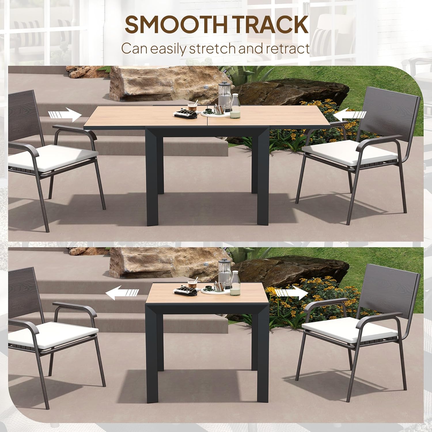 Outsunny Aluminum Outdoor Dining Table, 35.5"–71" Expandable Patio Table for 4–6 People, Square/Rectangular Outdoor Furniture with Slatted Wood Grain Top for Backyard, Porch, Deck, Natural Wood