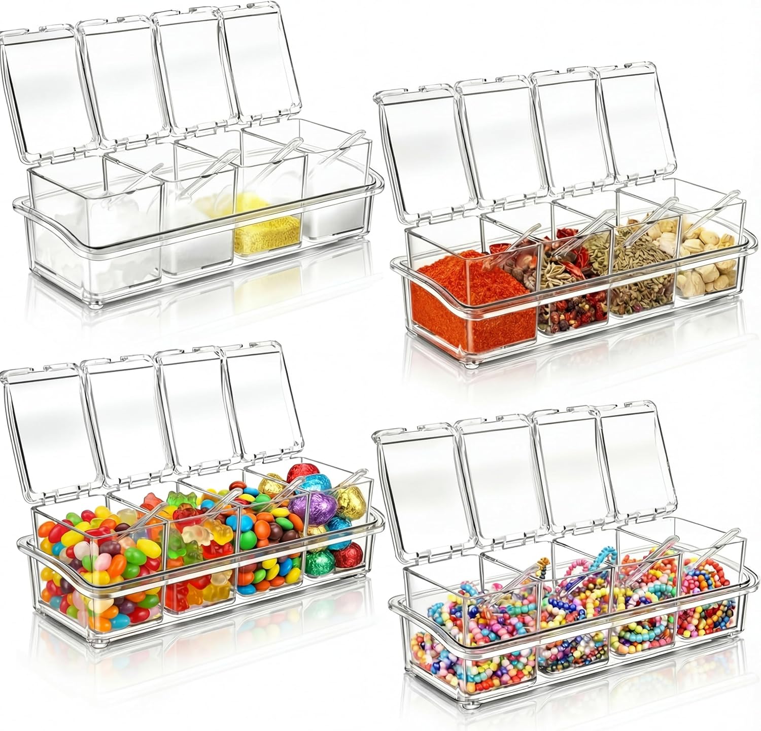 Bokon 4 Set Acrylic Clear Seasoning Box with Spoon, 16 Pcs Kitchen Seasoning Organizer Box Spice Pots Containers Condiment with Lids for Salt Candy Sugar Organizer, 10 x 4 x 3.3 Inch