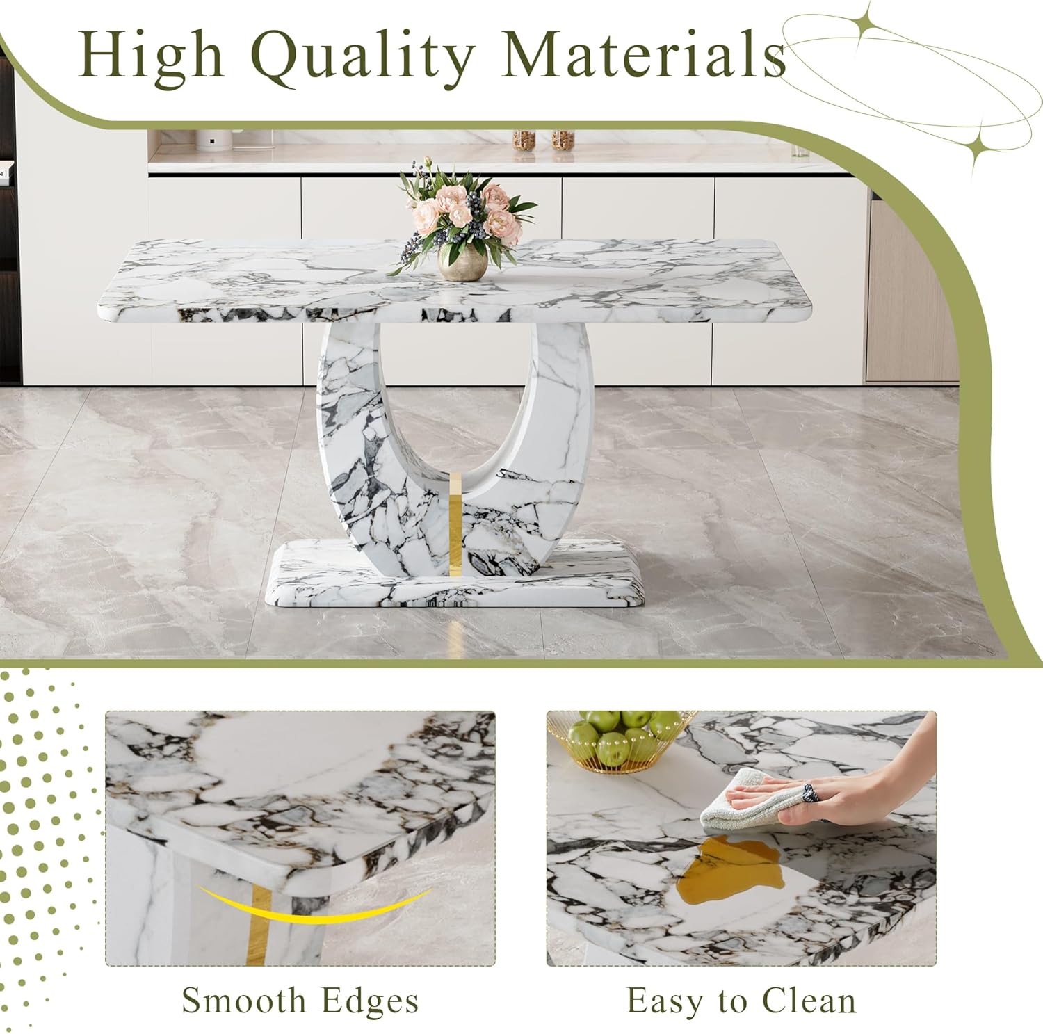 Modern Faux Marble Dining Table, 63" Rectangular Kitchen Table with U-Shaped Base,Luxury Dining Room Table for Home, Apartment, Easy Assembly
