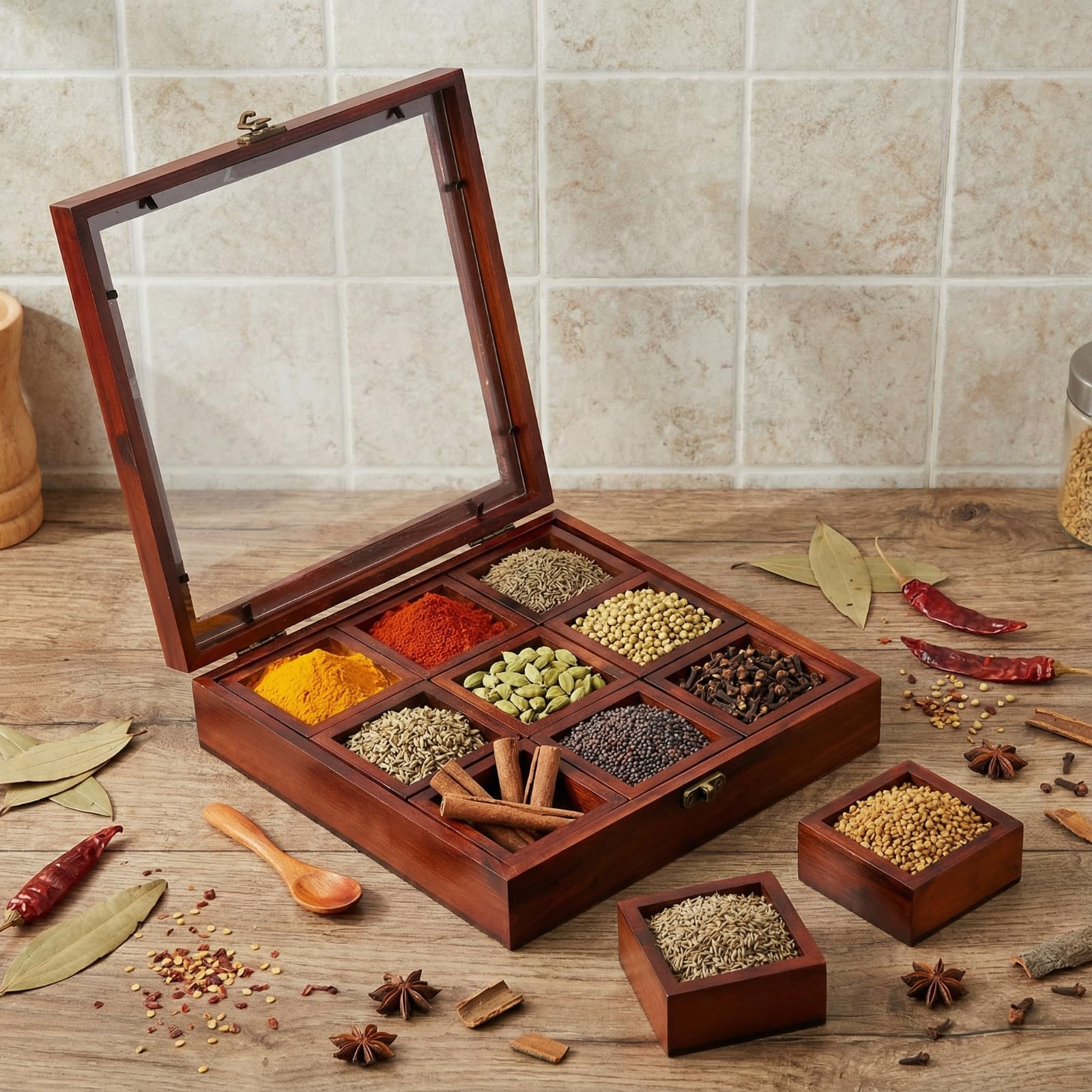 AceOrbit Wooden Spice Box with Wooden Spoon, Decorative Masala Dabba Organizer with Glass Lid, Indian Spice Storage Container, Ideal for Seasonings & Herbs(Square,12 x 12 Inch)