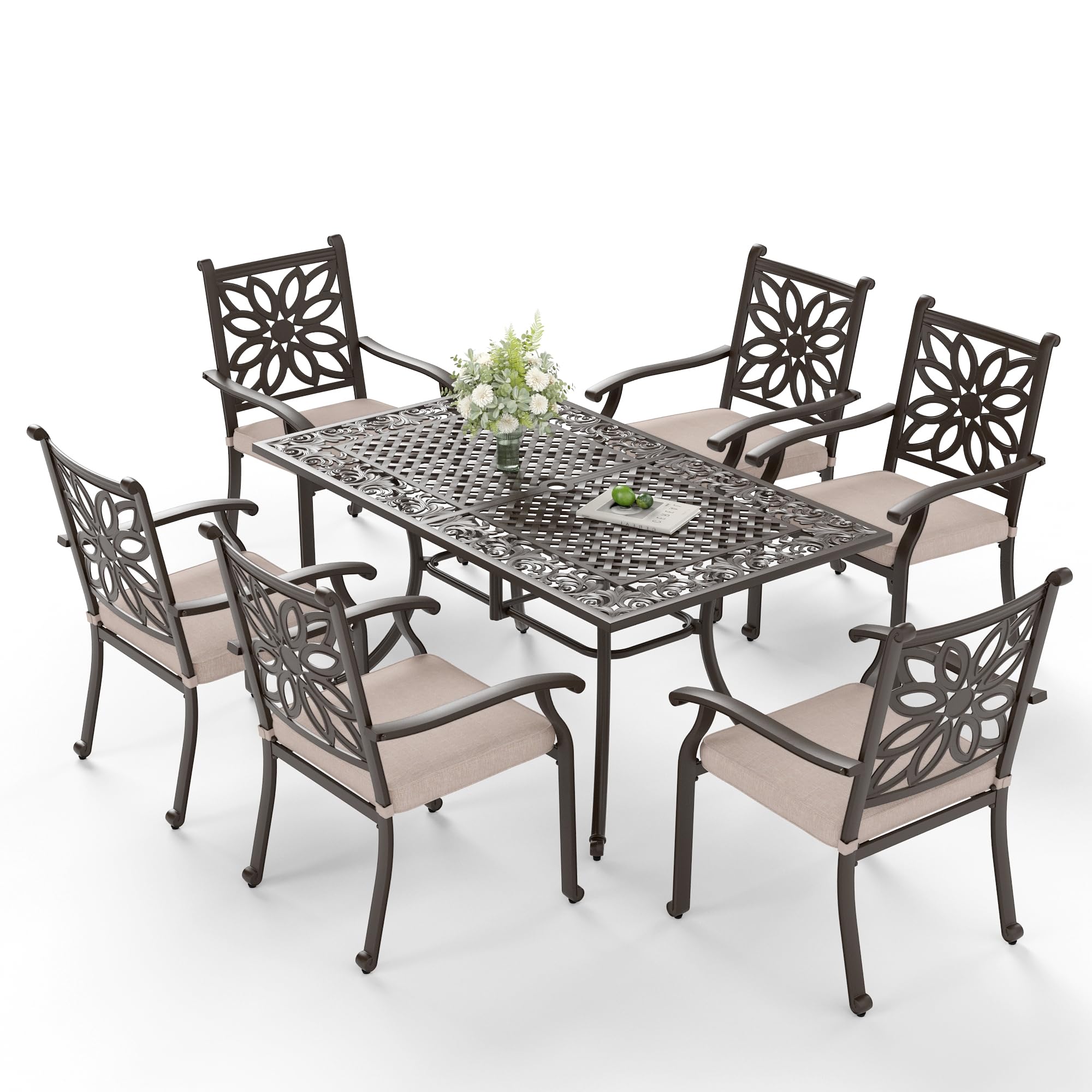 Sophia & William Outdoor Dining Table 6-Person Round Cast Aluminium, Patio Bistro Table with 2.2" Umbrella Hole for Porch Backyard, Bronze