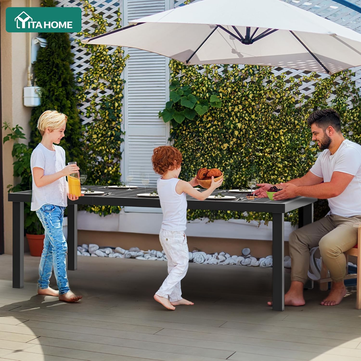 YITAHOME Aluminum Patio Dining Table for 8, 75" Outdoor Dining Table, E-Coated Rectangular Patio Table for Backyard Garden Lawn, Black