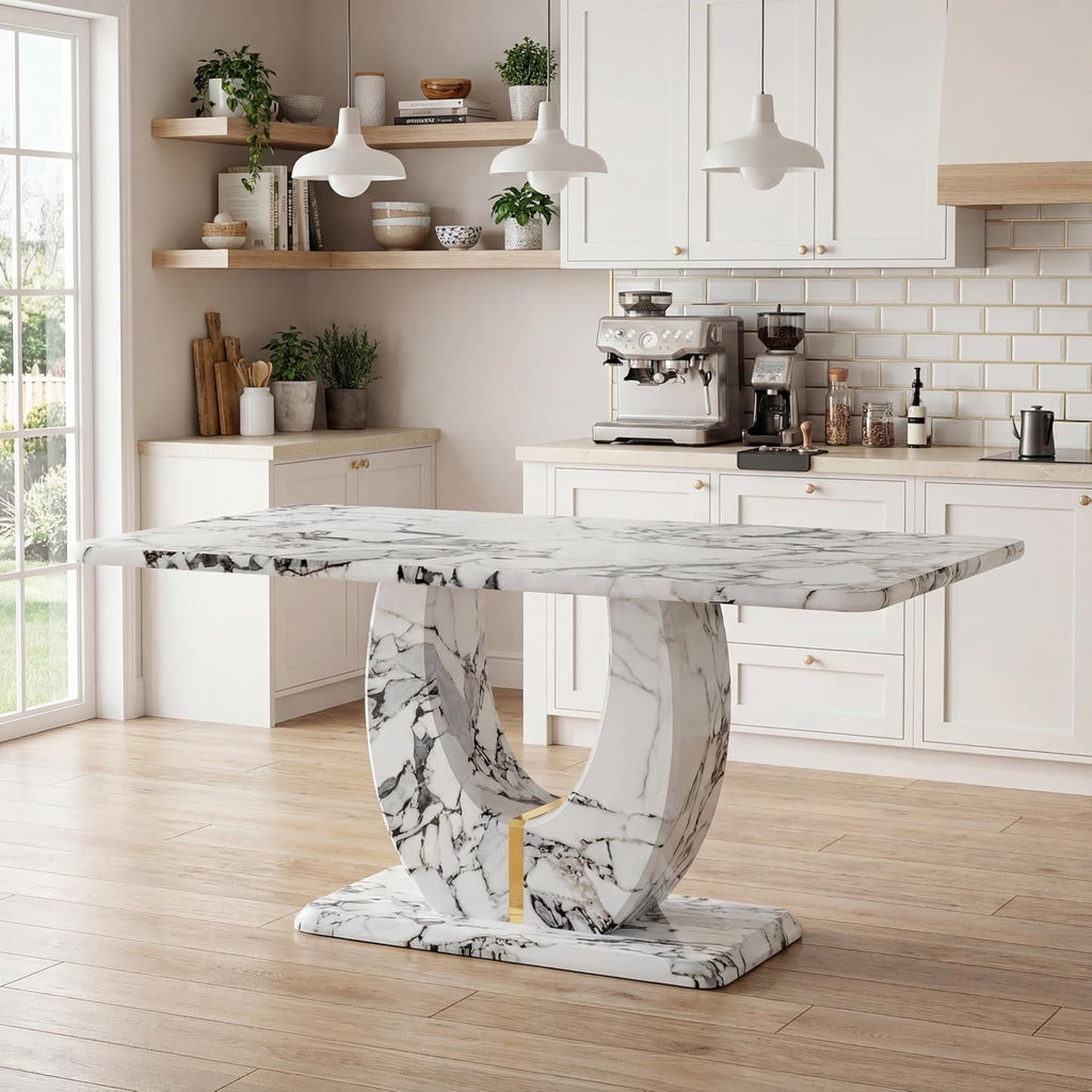 Modern Faux Marble Dining Table, 63" Rectangular Kitchen Table with U-Shaped Base,Luxury Dining Room Table for Home, Apartment, Easy Assembly