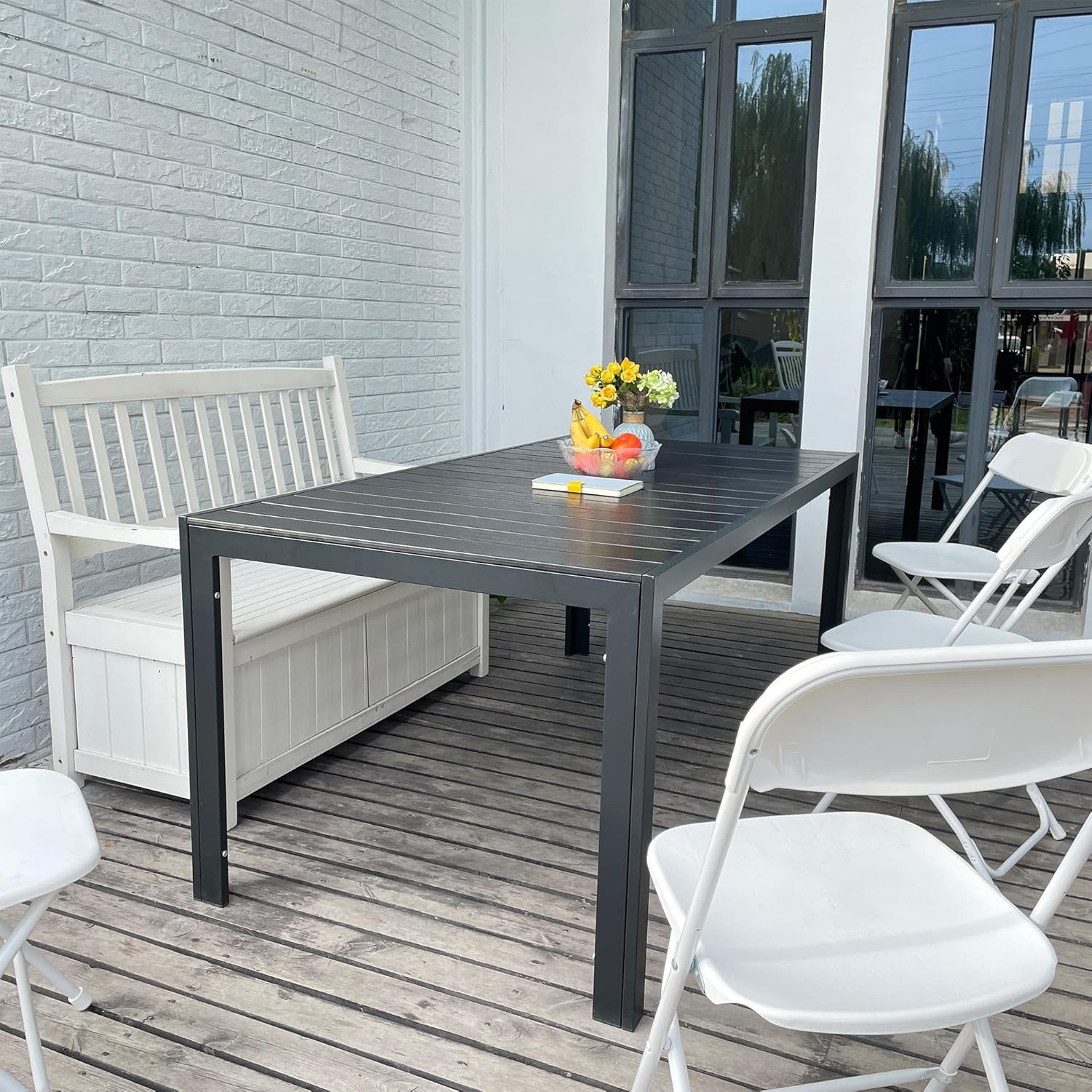 LUCKYERMORE Outdoor Dining Table for 6-8 Person, 71" Rectangular Patio Dining Table with Aluminum Frame, Black Table for Deck Garden Lawn Backyard Use