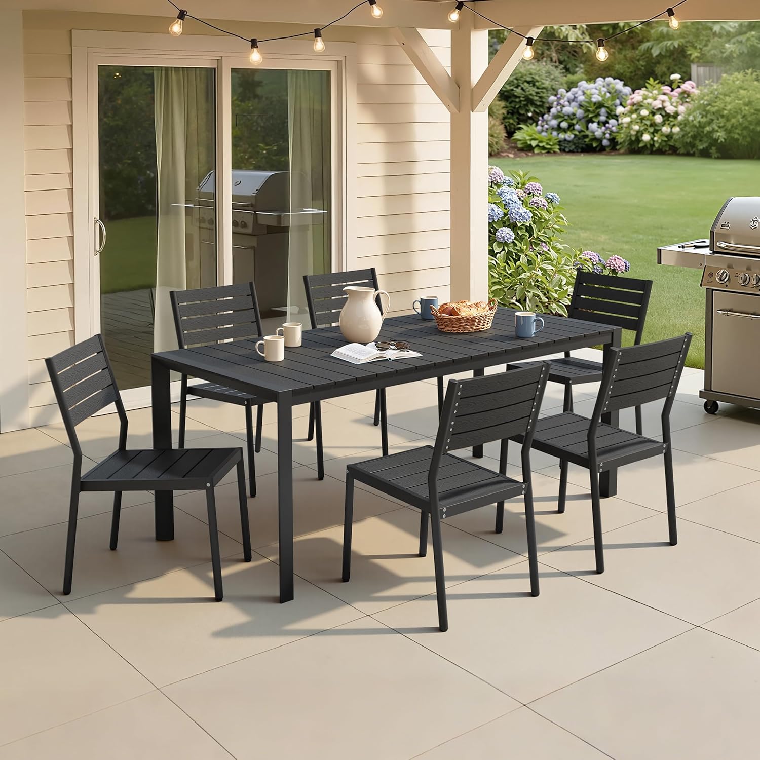 Crestlive Products Outdoor Dining Table for 6, 71in Aluminum Patio Dining Table with Umbrella Hole Weather-Resistant Rectangle Outside Table for Garden Backyard Indoor, Black