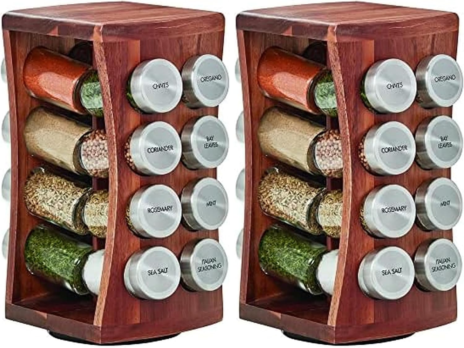 Kamenstein 16 Jar Bamboo 3-in-1 Spice Organizer for Countertop, Wall, and Drawer with Spices Included, FREE Spice Refills for 5 Years, Lift & Pour Caps