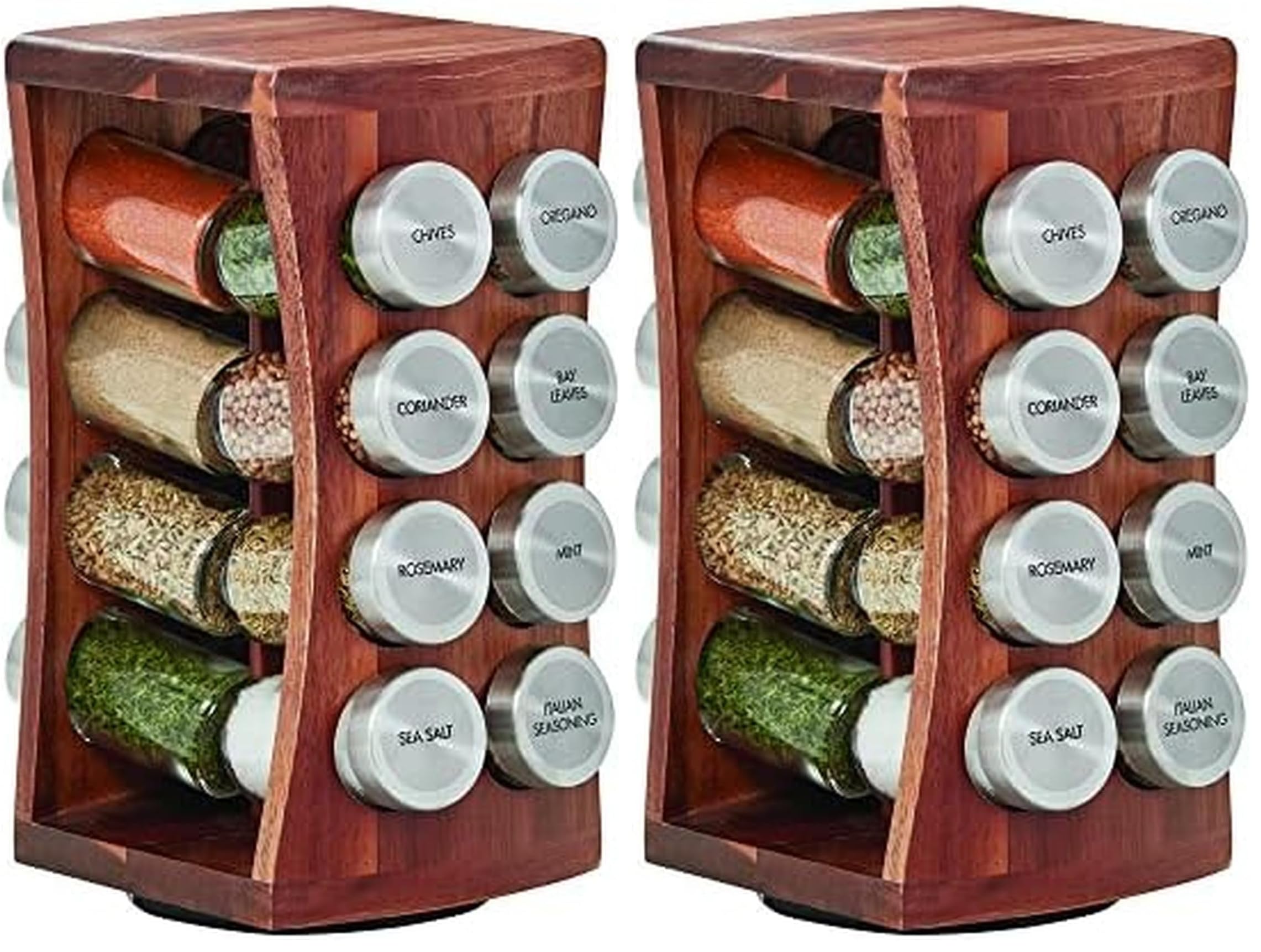 Kamenstein 16 Jar Bamboo 3-in-1 Spice Organizer for Countertop, Wall, and Drawer with Spices Included, FREE Spice Refills for 5 Years, Lift & Pour Caps