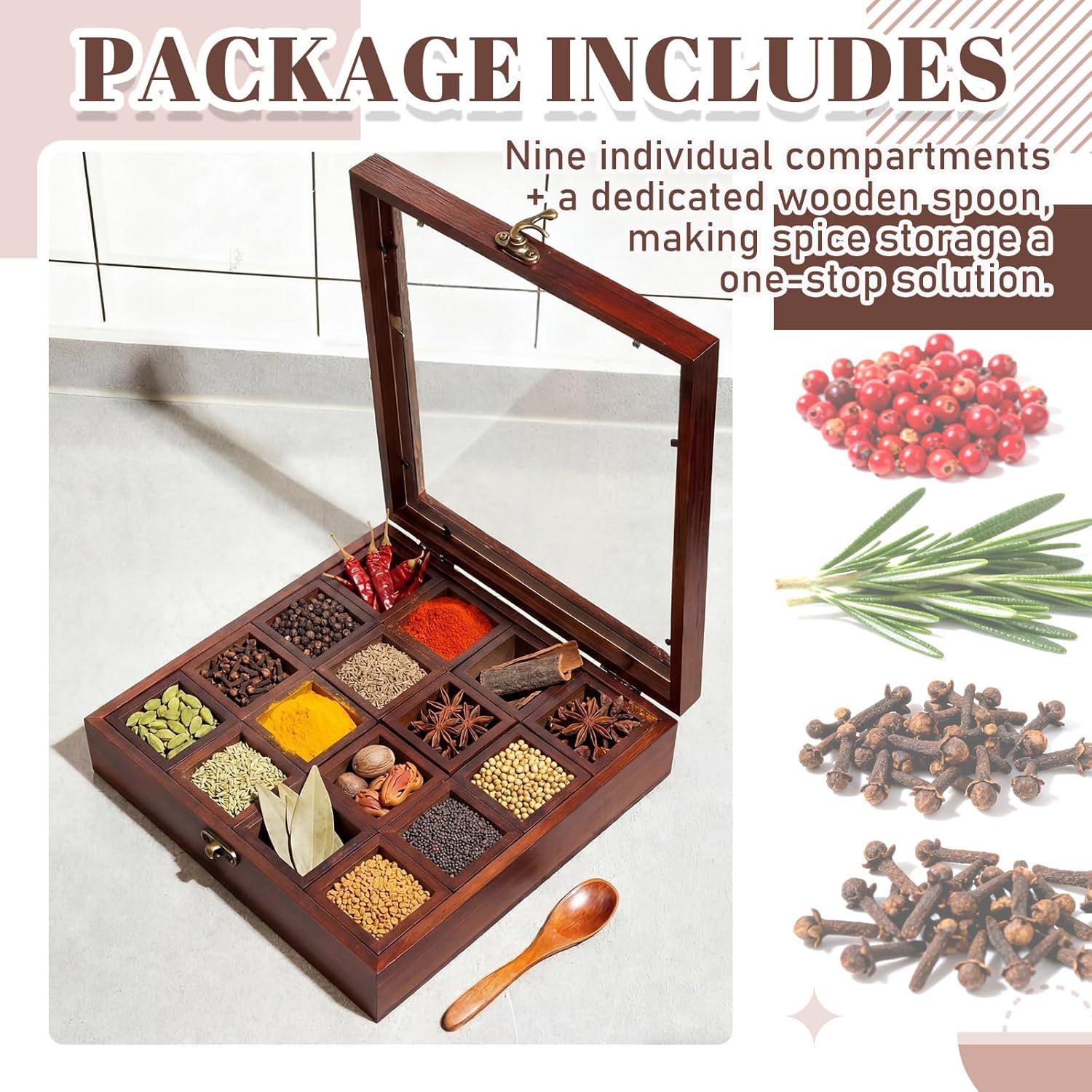 AceOrbit Wooden Spice Box with Wooden Spoon, Decorative Masala Dabba Organizer with Glass Lid, Indian Spice Storage Container, Ideal for Seasonings & Herbs(Square,12 x 12 Inch)