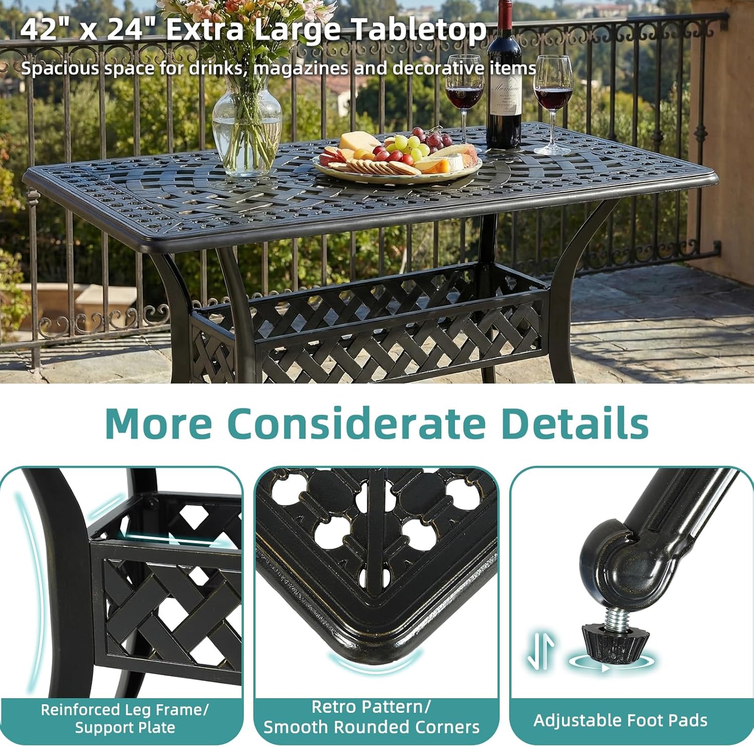 MEETWARM Outdoor Dining Table, All-Weather Cast Aluminum 42" Rectangle Patio Dining Table, 200 LBS Heavy Duty Patio Bistro Table for Balcony Poolside Deck Garden & Indoor Use, Dark Bronze