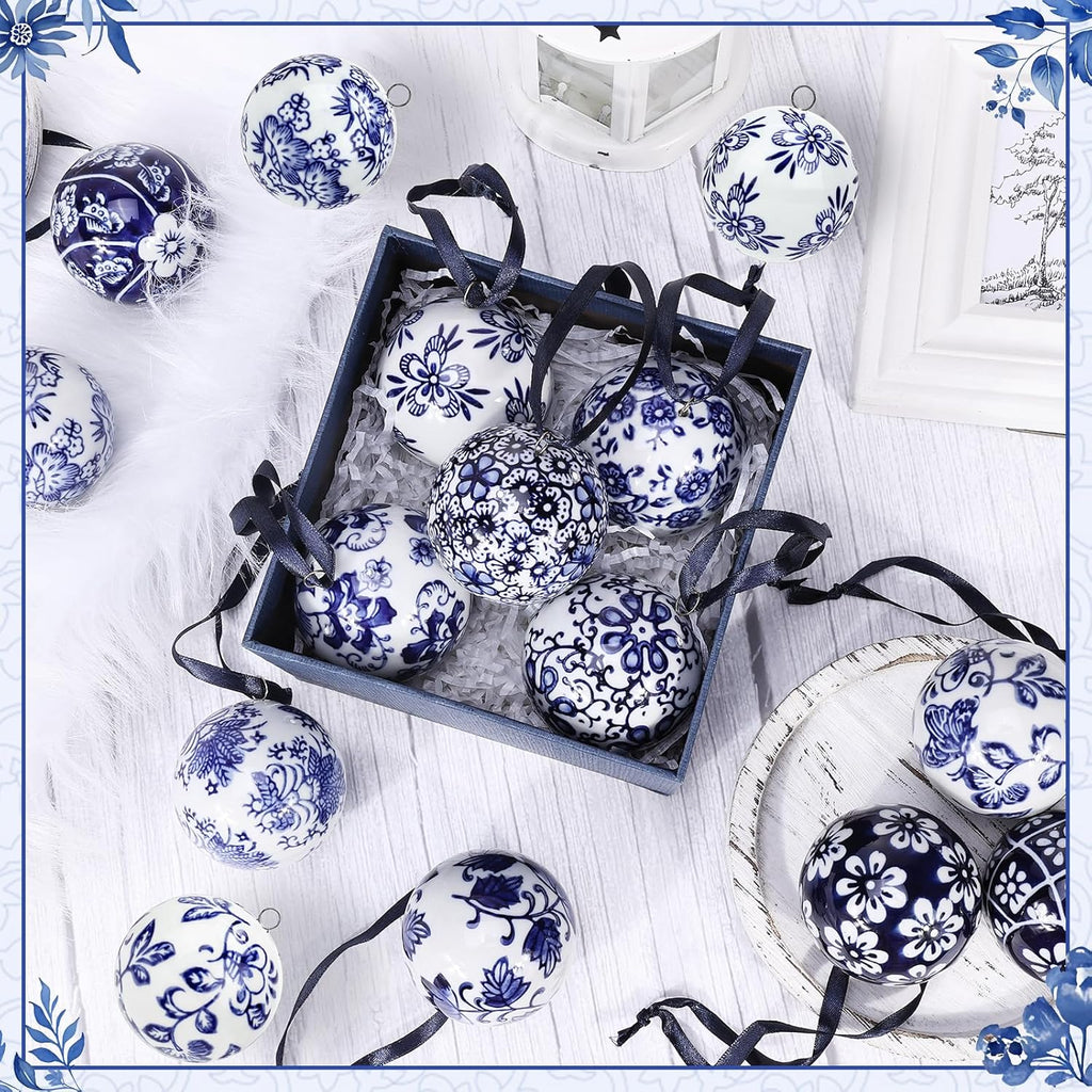 12 Pcs Christmas Chinoiserie Balls 2.36 Inch Blue and White Porcelain Chinoiserie Ornament Bulk Christmas Hanging Decorations Ceramic Decor for Home Tree Xmas Party