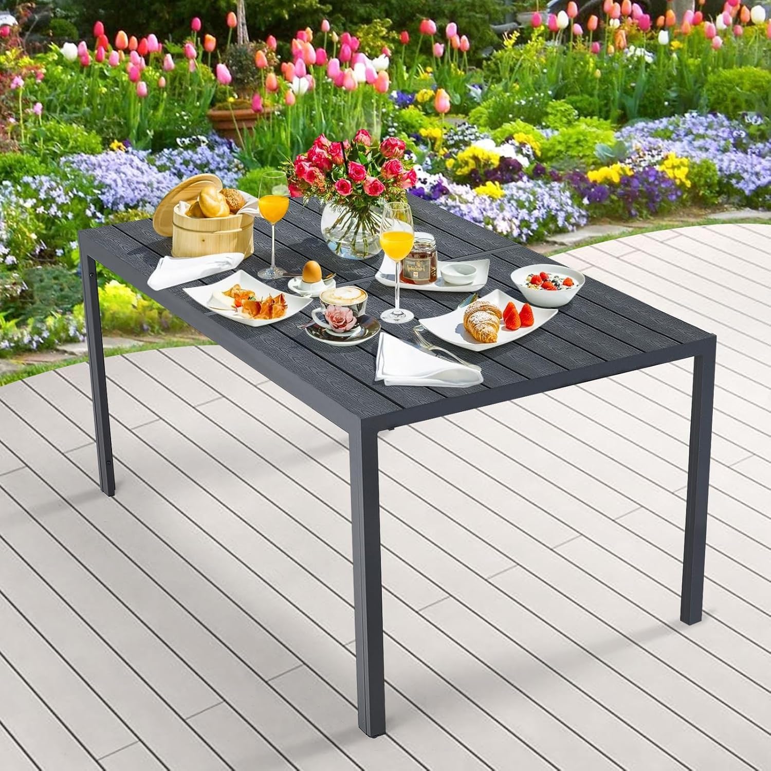 AECOJOY 60" Outdoor Dining Table, Aluminum Patio Table with Wood-Plastic Composite Tabletop,6 Seater Dining Table for Backyard Garden