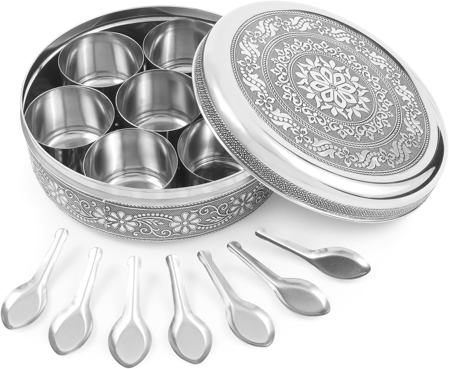 KSJONE Designer Spice Container Masala Dabba, 7 Spice Jars, Holds 7 Spices, Spice Container Box, Polished Stainless Steel with 7 Serving Spoons, Indian Masala Dabba with Lid, 8 Inch