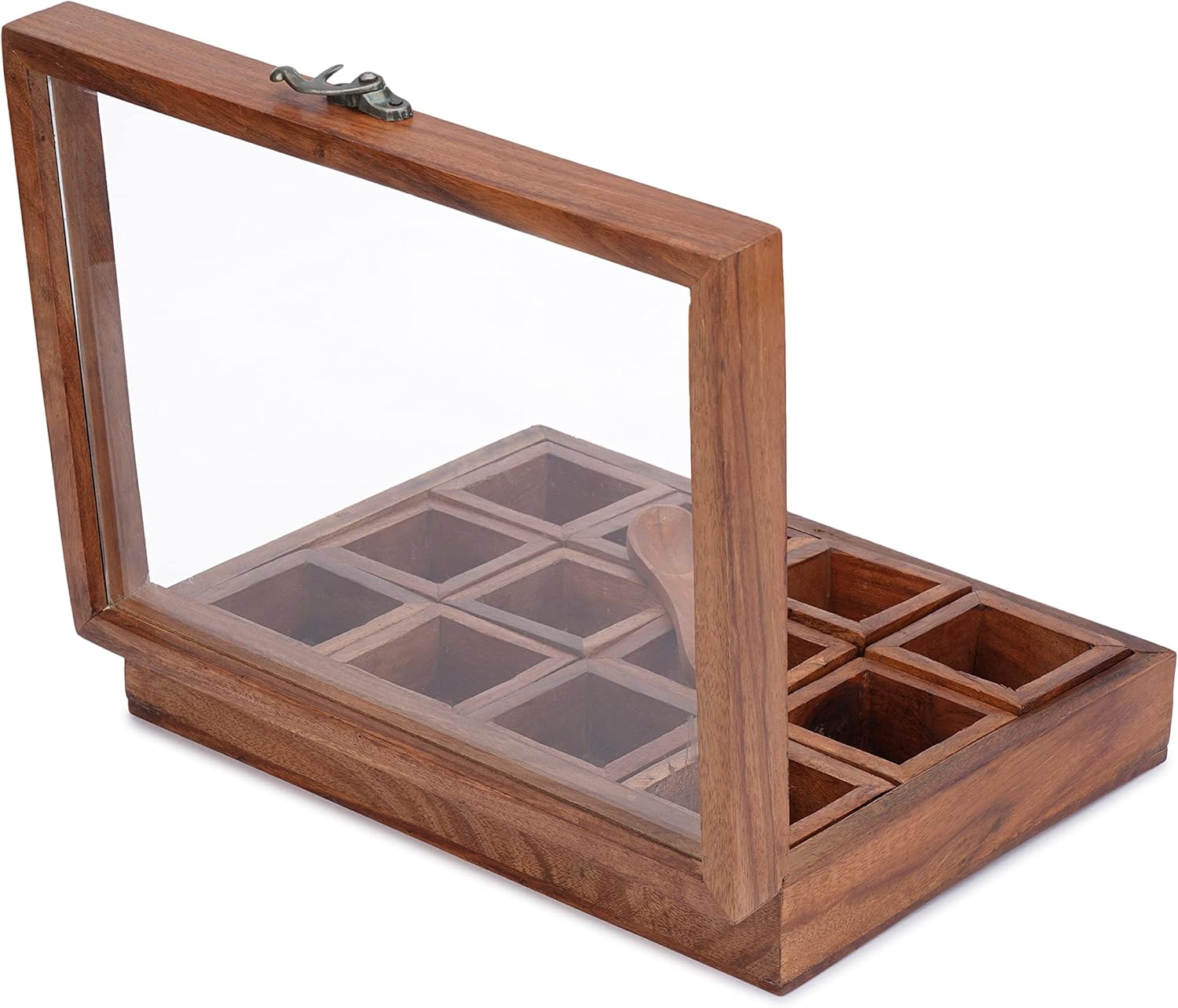 Ajuny Wooden Spice Box - Masala Dabba Organizer with Glass Lid on Top, 12 Removable Compartments and 1 Designer Spoon Spice Storage Container, Ideal for Seasonings & Herbs Best Gifts