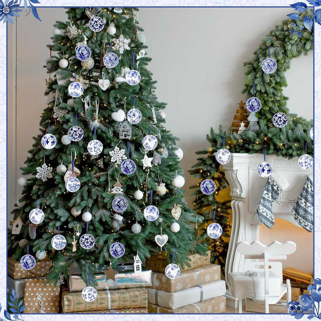 12 Pcs Christmas Chinoiserie Balls 2.36 Inch Blue and White Porcelain Chinoiserie Ornament Bulk Christmas Hanging Decorations Ceramic Decor for Home Tree Xmas Party