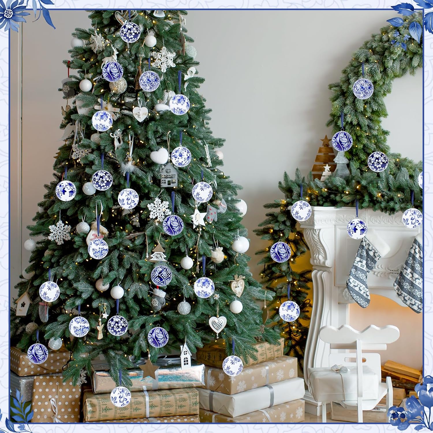 12 Pcs Christmas Chinoiserie Balls 2.36 Inch Blue and White Porcelain Chinoiserie Ornament Bulk Christmas Hanging Decorations Ceramic Decor for Home Tree Xmas Party