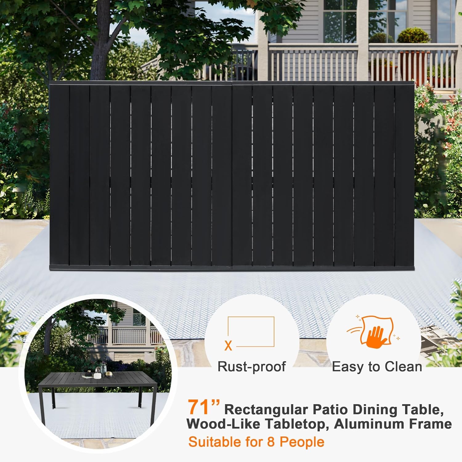 LUCKYERMORE Outdoor Dining Table for 6-8 Person, 71" Rectangular Patio Dining Table with Aluminum Frame, Black Table for Deck Garden Lawn Backyard Use