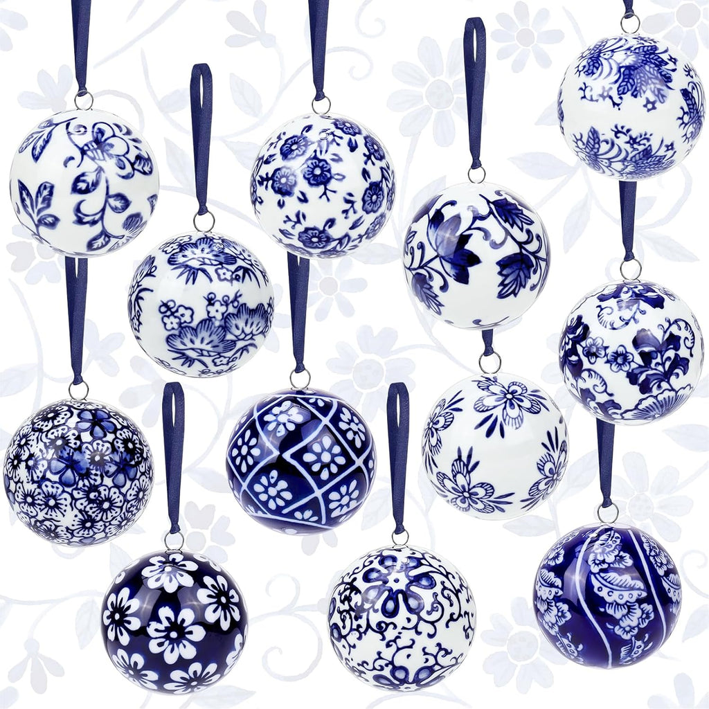 12 Pcs Christmas Chinoiserie Balls 2.36 Inch Blue and White Porcelain Chinoiserie Ornament Bulk Christmas Hanging Decorations Ceramic Decor for Home Tree Xmas Party