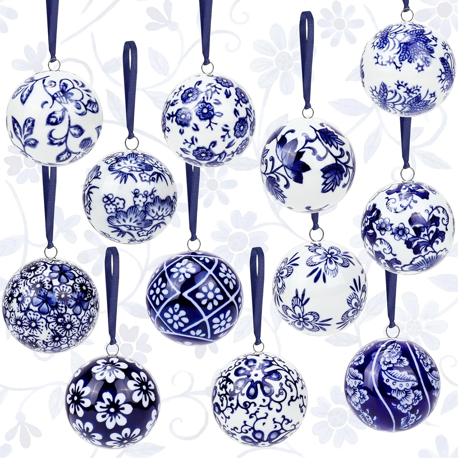 12 Pcs Christmas Chinoiserie Balls 2.36 Inch Blue and White Porcelain Chinoiserie Ornament Bulk Christmas Hanging Decorations Ceramic Decor for Home Tree Xmas Party
