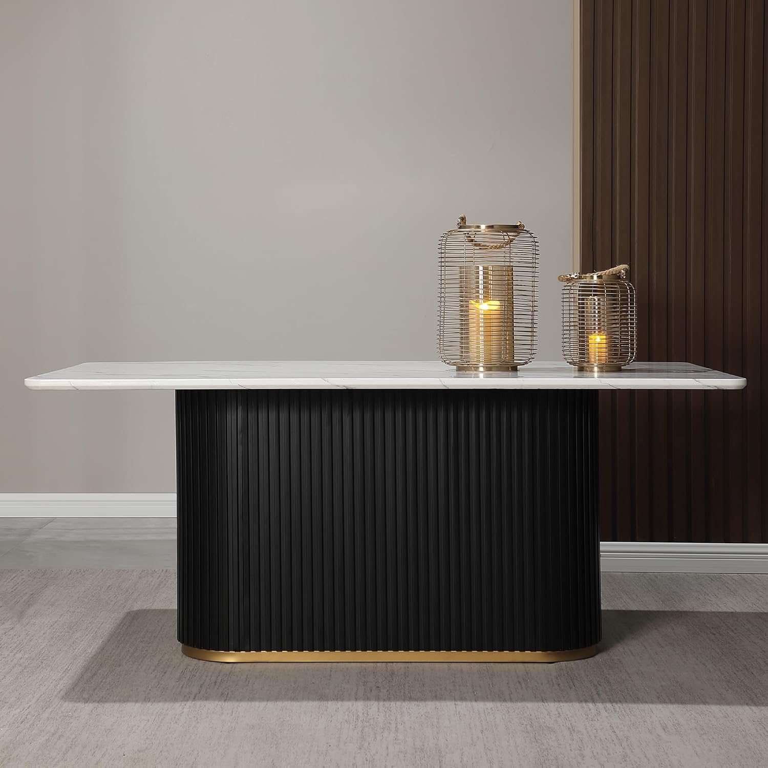 Morden Fort Marble Dining Table for 6, 70" Modern Dining Table with Black Fluted Base and White Faux Marble Top, Kitchen Table with Gold Trim for Ktichen, Reception and Conference