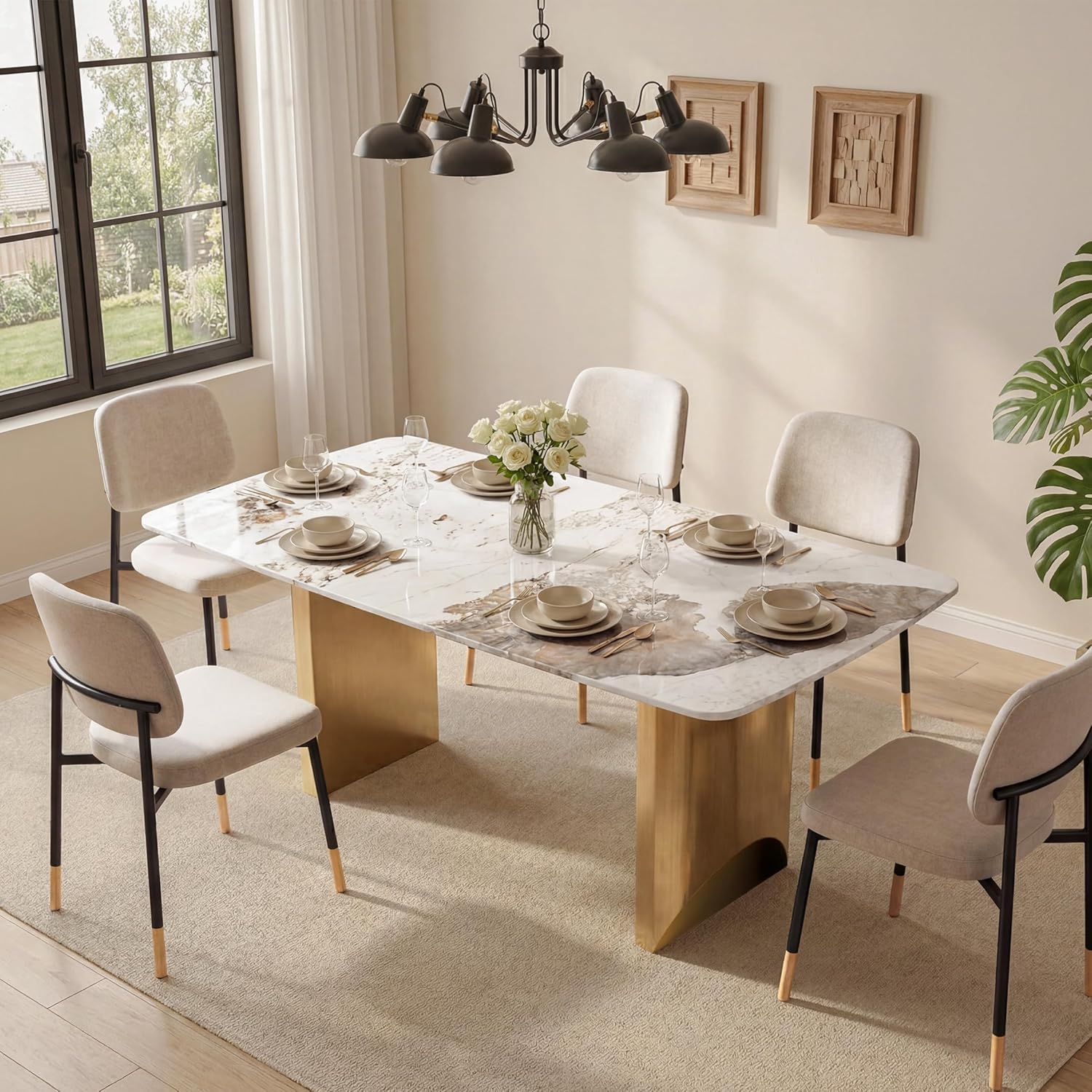 62.99" Rectangular Luxury Sintered Stone Dining Table for 4-6 People with 2 Gold Metal Sturdy Bases Modern Marble-Effect Centerpiece for Dining Room Living Room, White