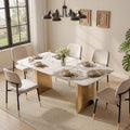62.99" Rectangular Luxury Sintered Stone Dining Table for 4-6 People with 2 Gold Metal Sturdy Bases Modern Marble-Effect Centerpiece for Dining Room Living Room, White