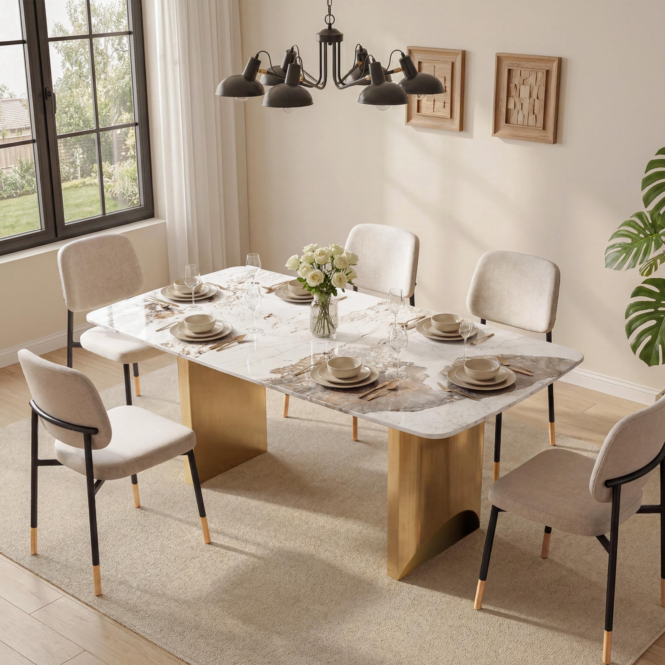 62.99" Rectangular Luxury Sintered Stone Dining Table for 4-6 People with 2 Gold Metal Sturdy Bases Modern Marble-Effect Centerpiece for Dining Room Living Room, White