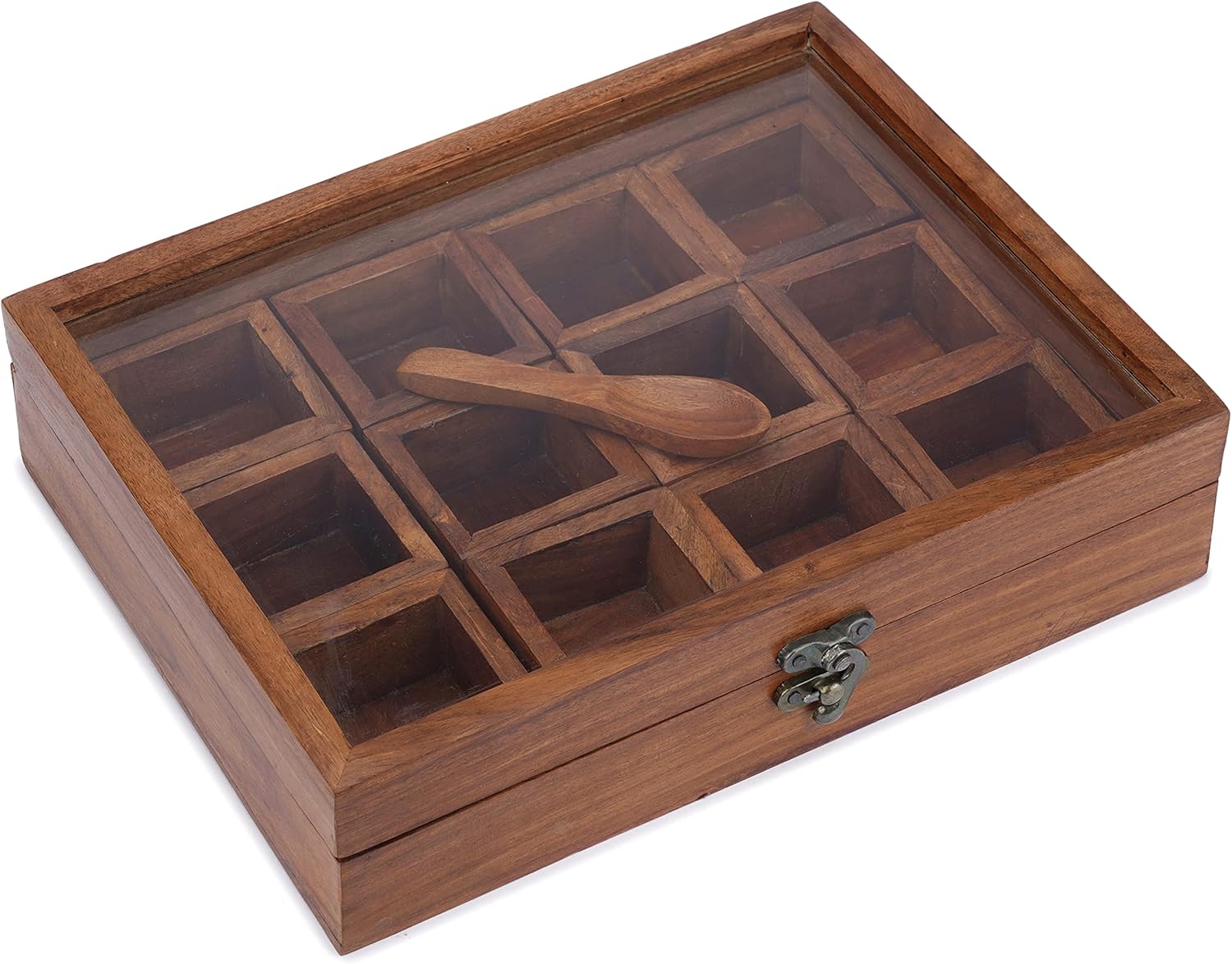 Ajuny Wooden Spice Box - Masala Dabba Organizer with Glass Lid on Top, 12 Removable Compartments and 1 Designer Spoon Spice Storage Container, Ideal for Seasonings & Herbs Best Gifts