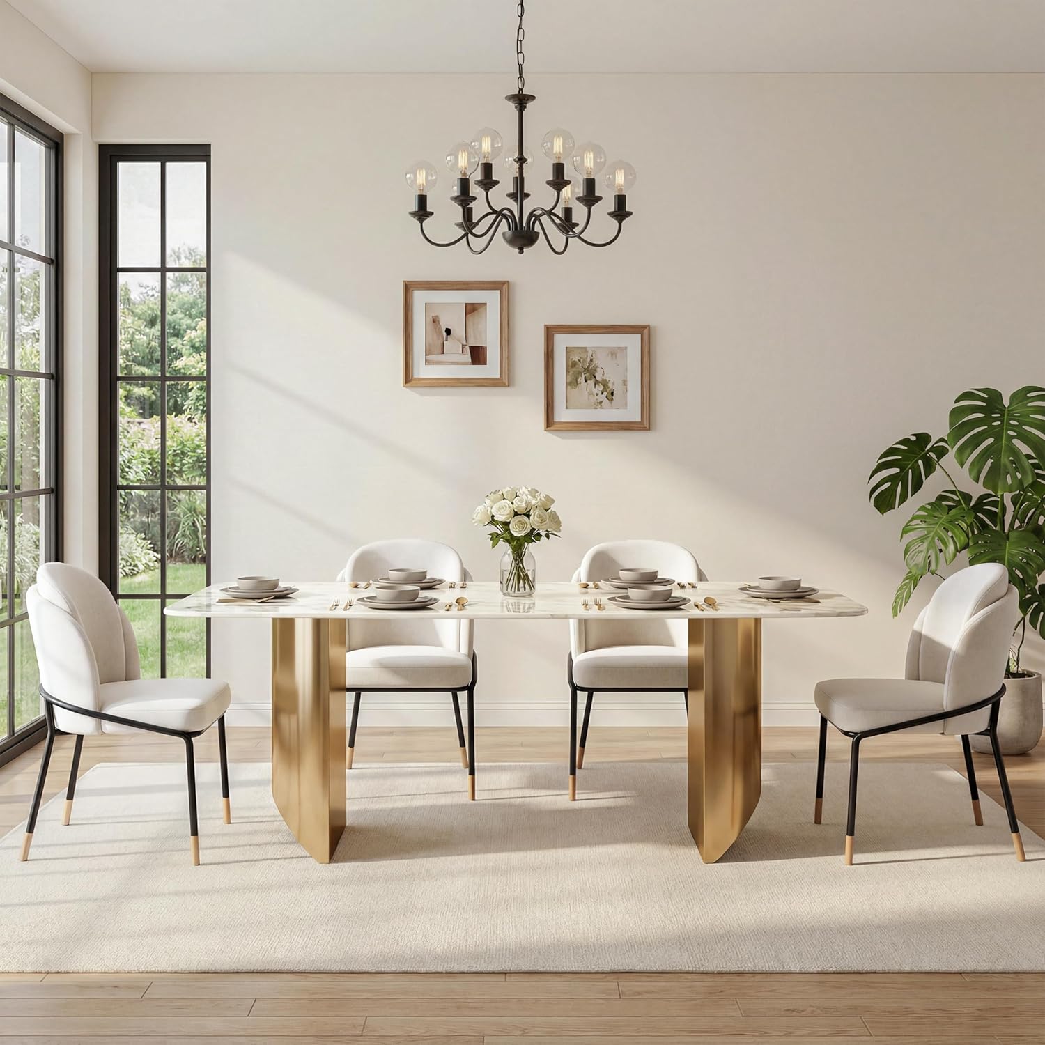 62.99" Rectangular Luxury Sintered Stone Dining Table for 4-6 People with 2 Gold Metal Sturdy Bases Modern Marble-Effect Centerpiece for Dining Room Living Room, White
