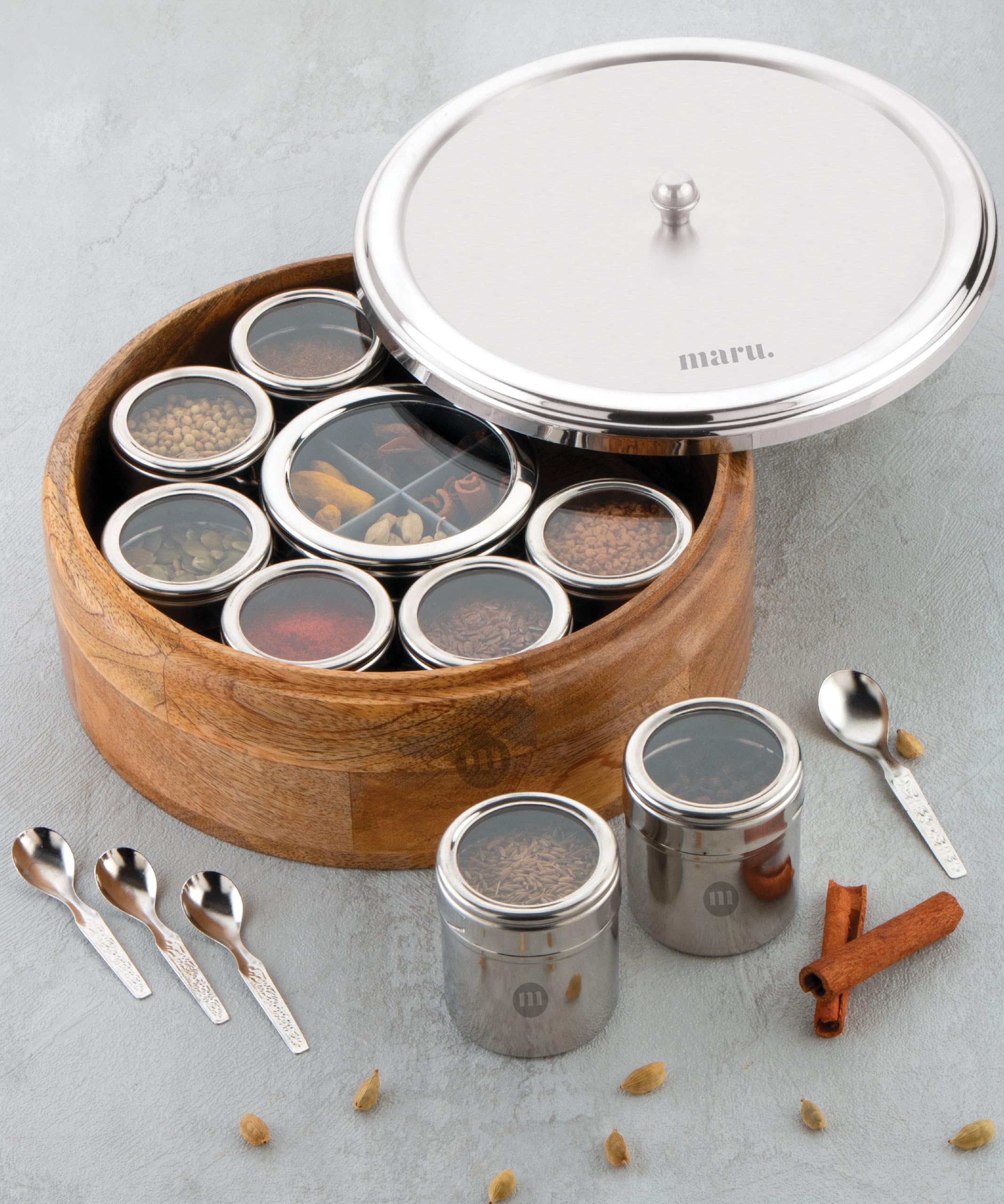 MARU 12 IN 1 Stainless Steel Indian Masala Box with See Through Lids, Elegant Spice box, Masala Dabba with 9 Spice Containers & 4 spoons for Kitchen Rack Organizer, Spice Storage Container for Kitchen