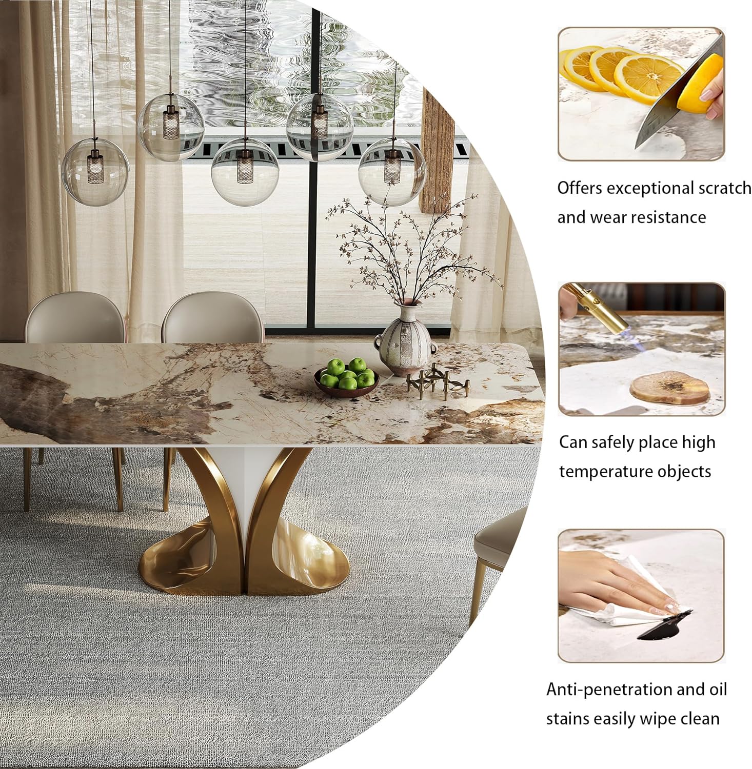 71'' Rectangular Dining Table for 6-8 People, Modern Sintered Stone Kitchen Table Top with Gold Metal Legs, Luxury Dining Room Table with Faux Marble Tabletop for Home, Restaurant